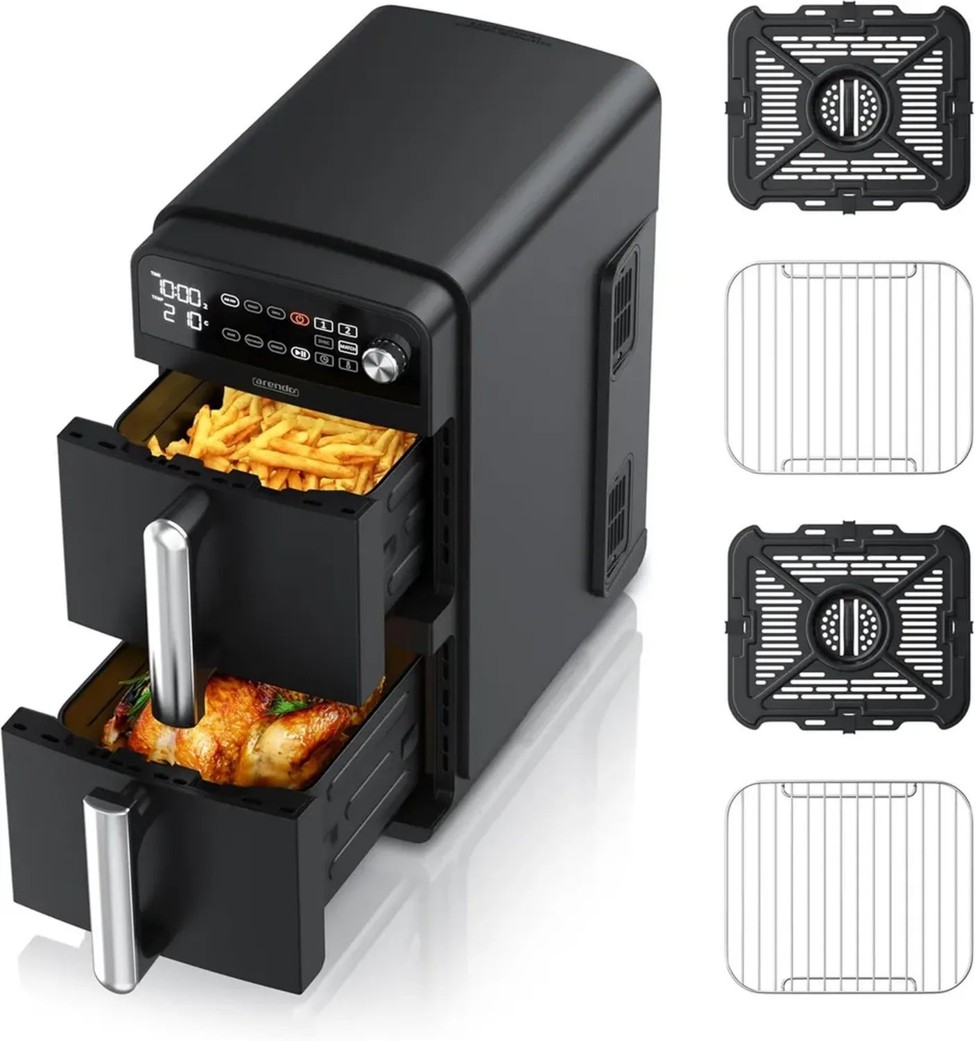 Arendo Heißluftfritteuse XXL Dual Zone, 11L, 2400W, 3-in-1 Airfryer mit Doppelkammer, 8 Sensoren, PFAS- und BPA-frei, inkl. 2 Grillroste, 3D Umluftsystem