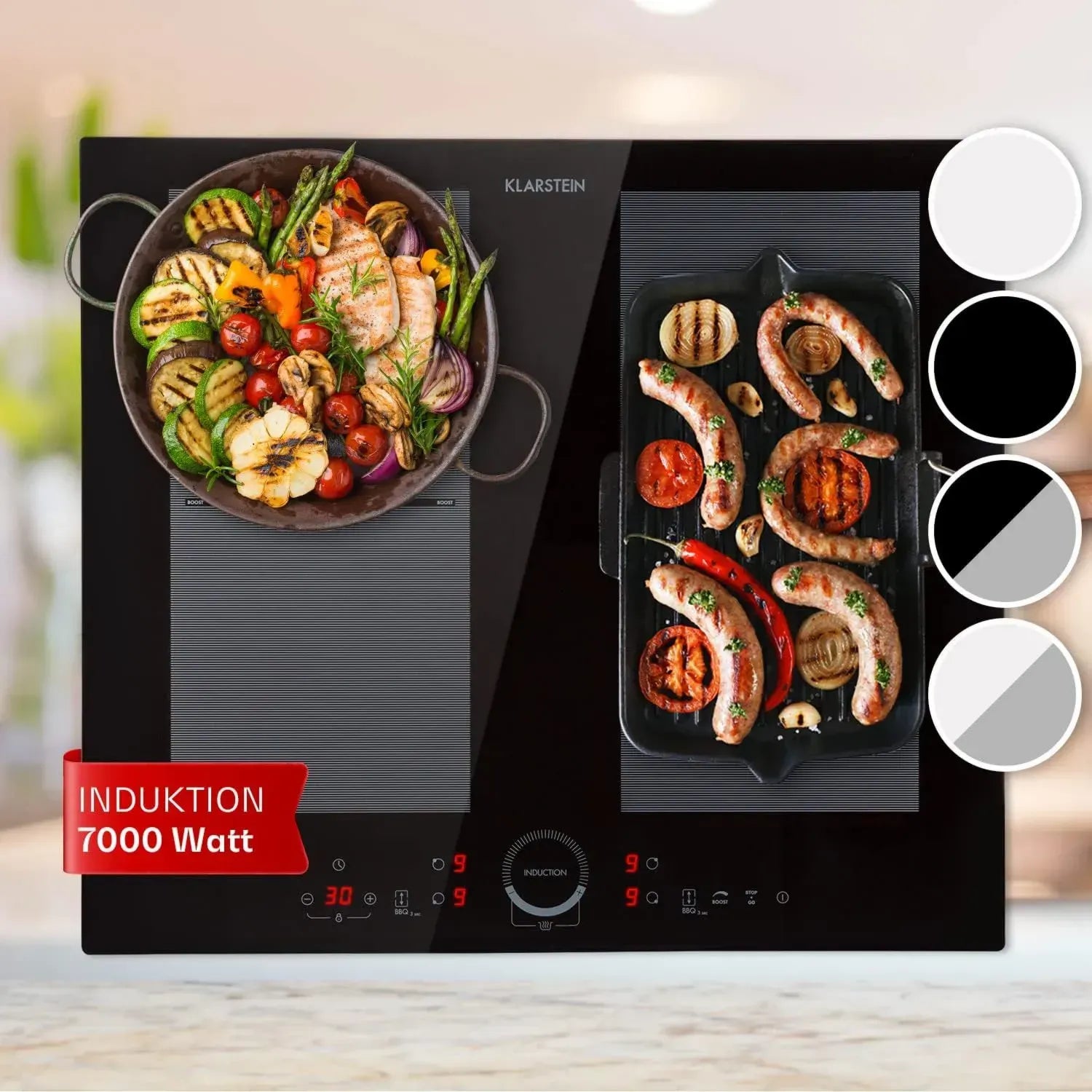 Klarstein 4-Zonen Induktionskochfeld, Glaskeramik, Touch-Display, Timer, 7000W, schnelles Erhitzen