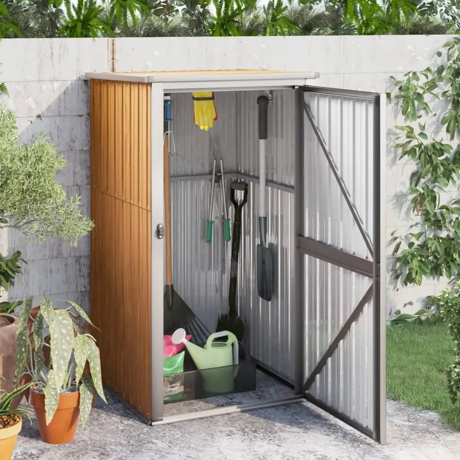LAPOOH Metall Geräteschuppen Braun 88x89x161 cm, Wetterfest und Langlebig, Ideal für Garten und Fahrräder