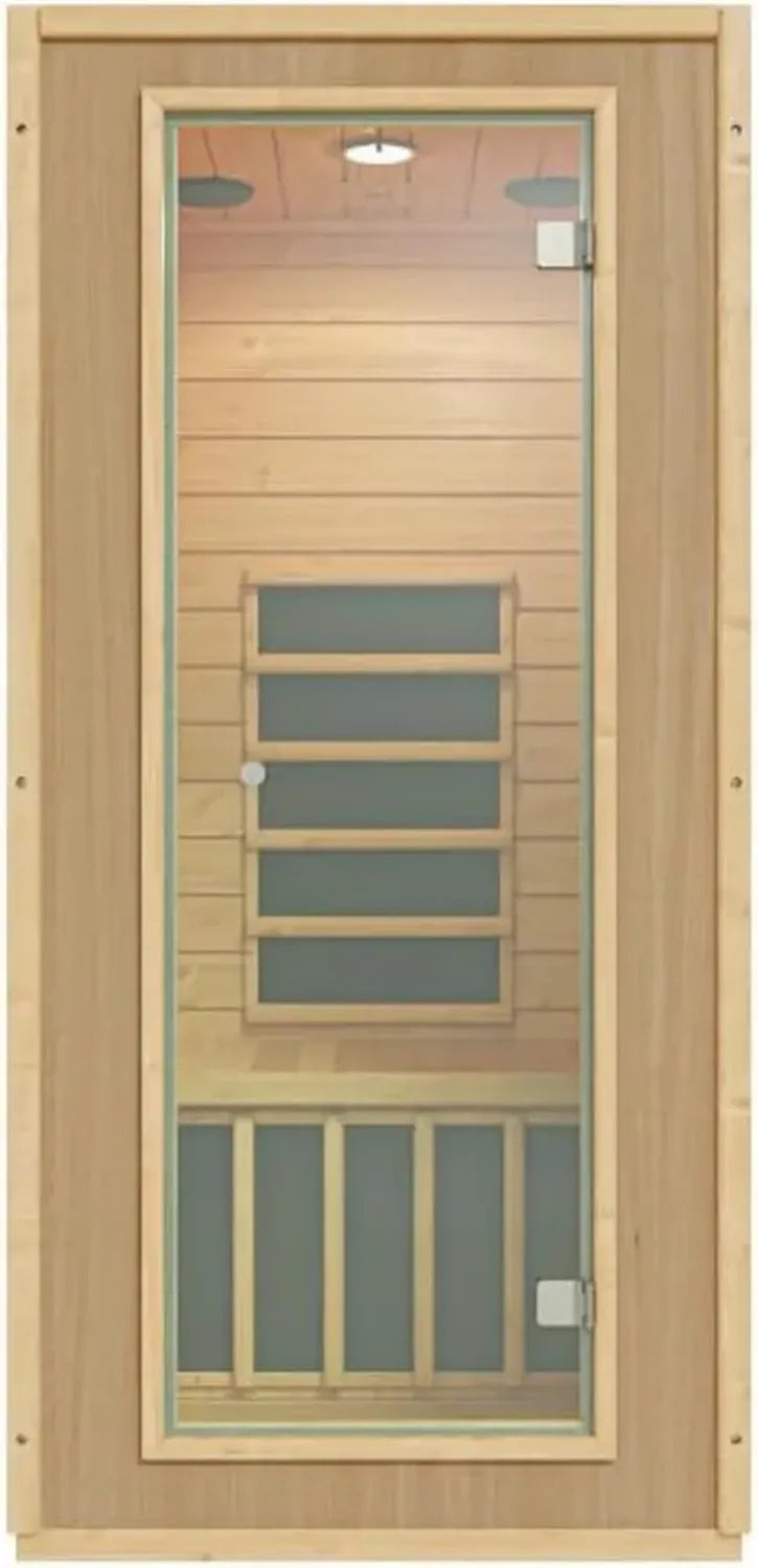 Infrarotkabine für 1 Person aus naturbelassenem Hemlockholz mit Glastür, Mica-Strahler 1,4kW
