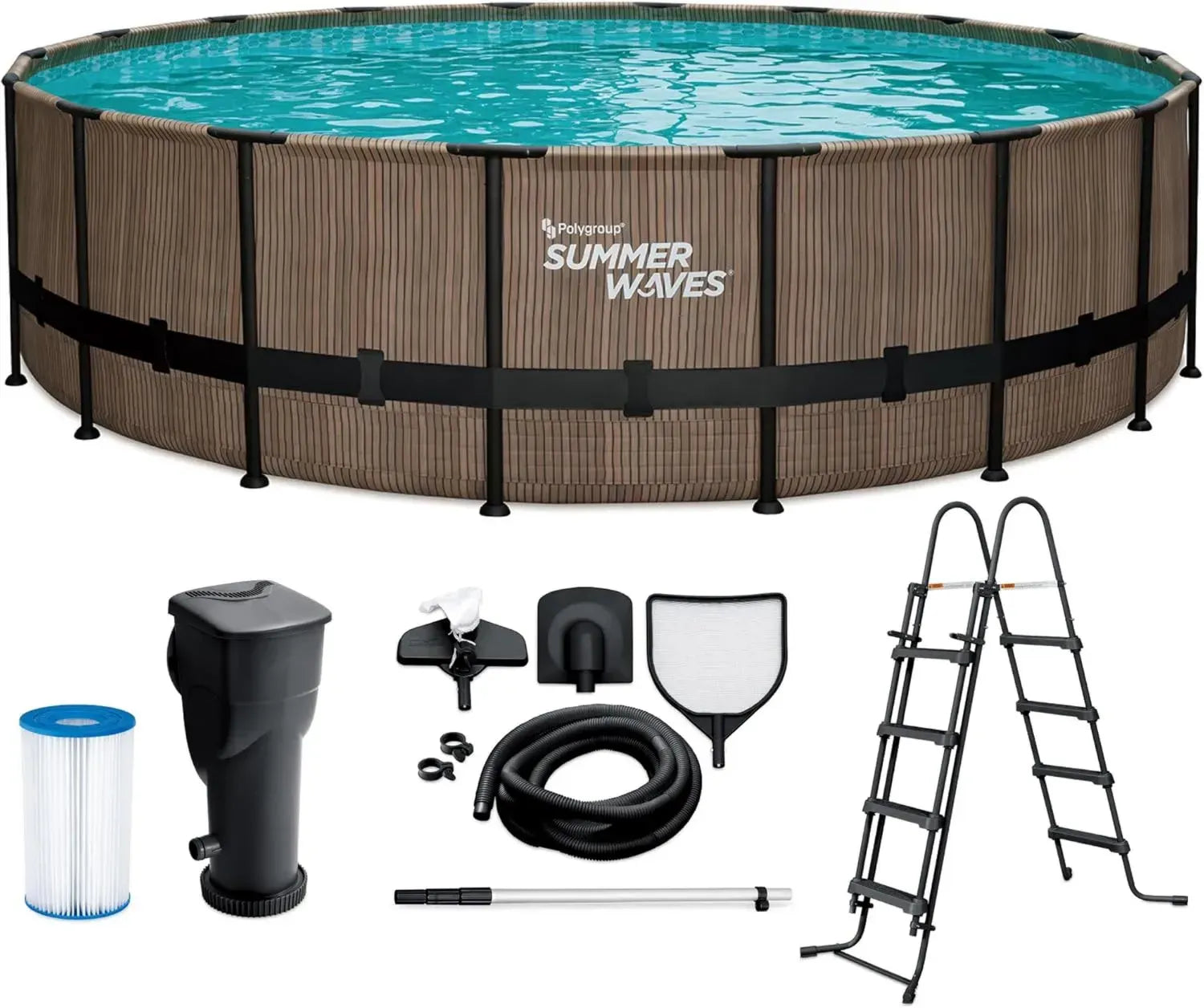 Runder Frame-Pool 549x132 cm in Teak-Optik, Komplettset inkl. Pumpe und Zubehör