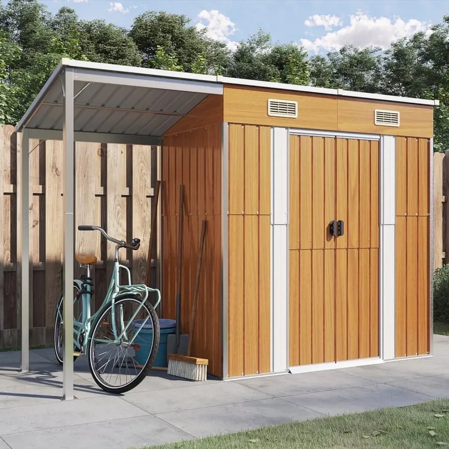 Wetterfestes Metall Gerätehaus mit Schleppdach für Garten und Fahrrad 277x110,5x181 cm, Hellbraun