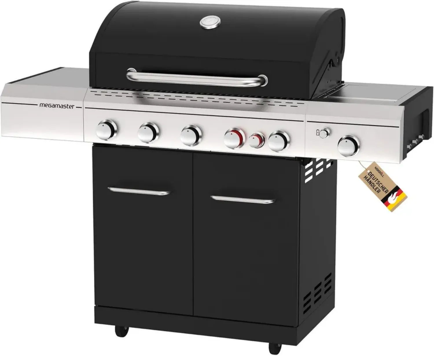 Megamaster Gasgrill 5B Lux mit 5+1 Brenner - Premium Outdoor Grillwagen, 26KW Leistung, inkl. Turbobrenner, Seitenkocher und Keramik-Backburner