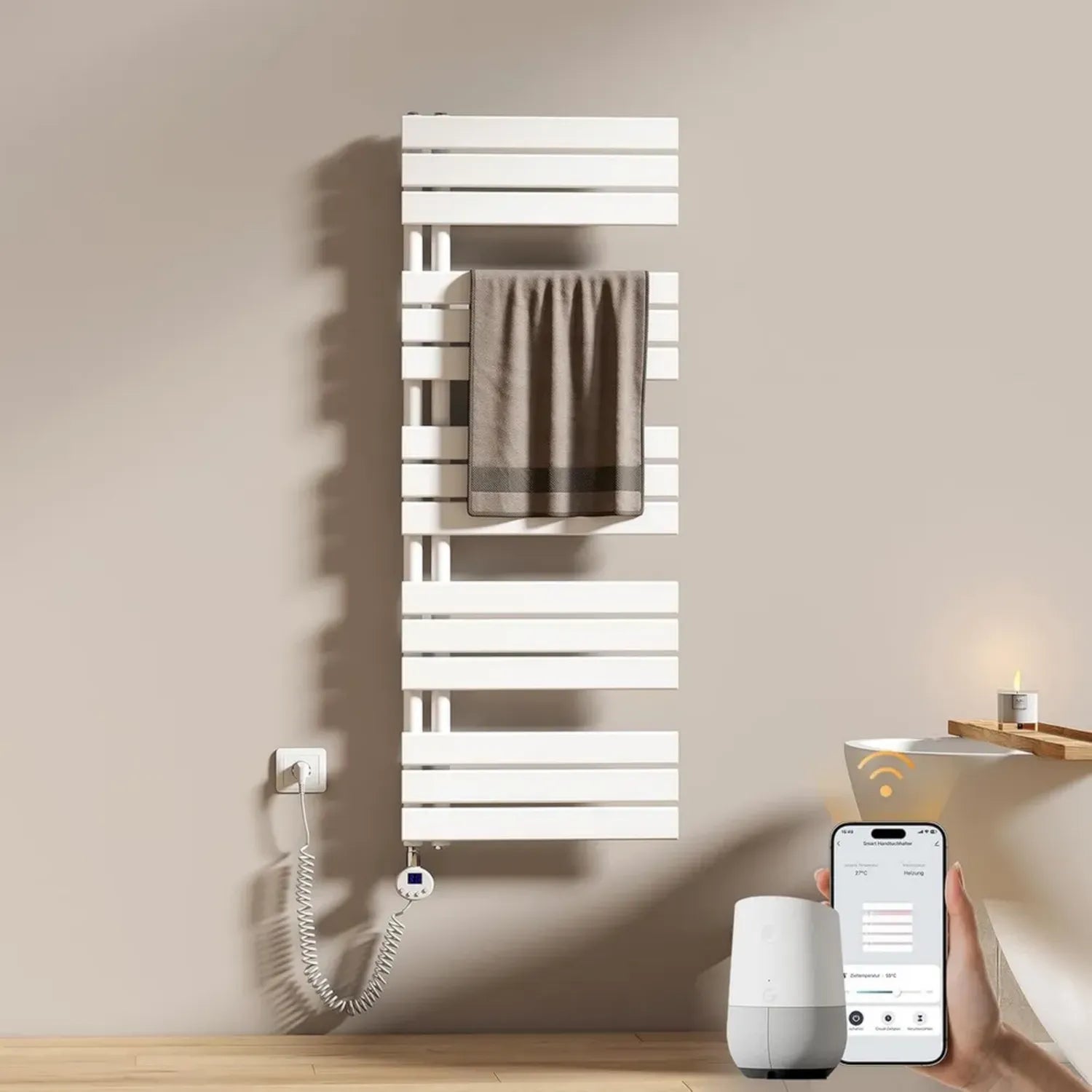 EMKE Elektrischer Badheizkörper WiFi 1320x500 mm - Flacher Handtuchheizer mit Thermostat und Heizstab, 800W, Weiß