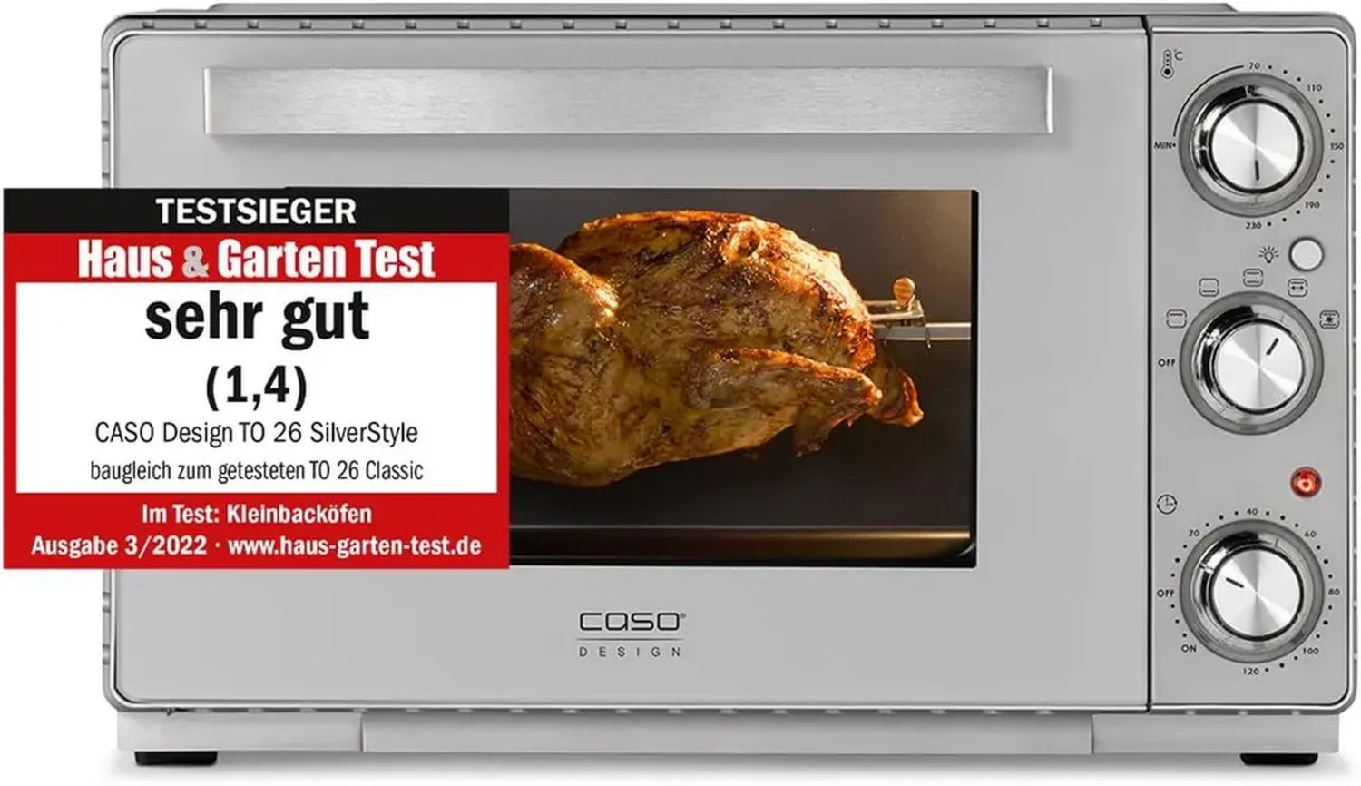 CASO TO 26 Design Backofen – Testsieger mit 26 Liter Volumen, 3 Ebenen, 70-230°C, Umluftfunktion, Silber Edelstahl