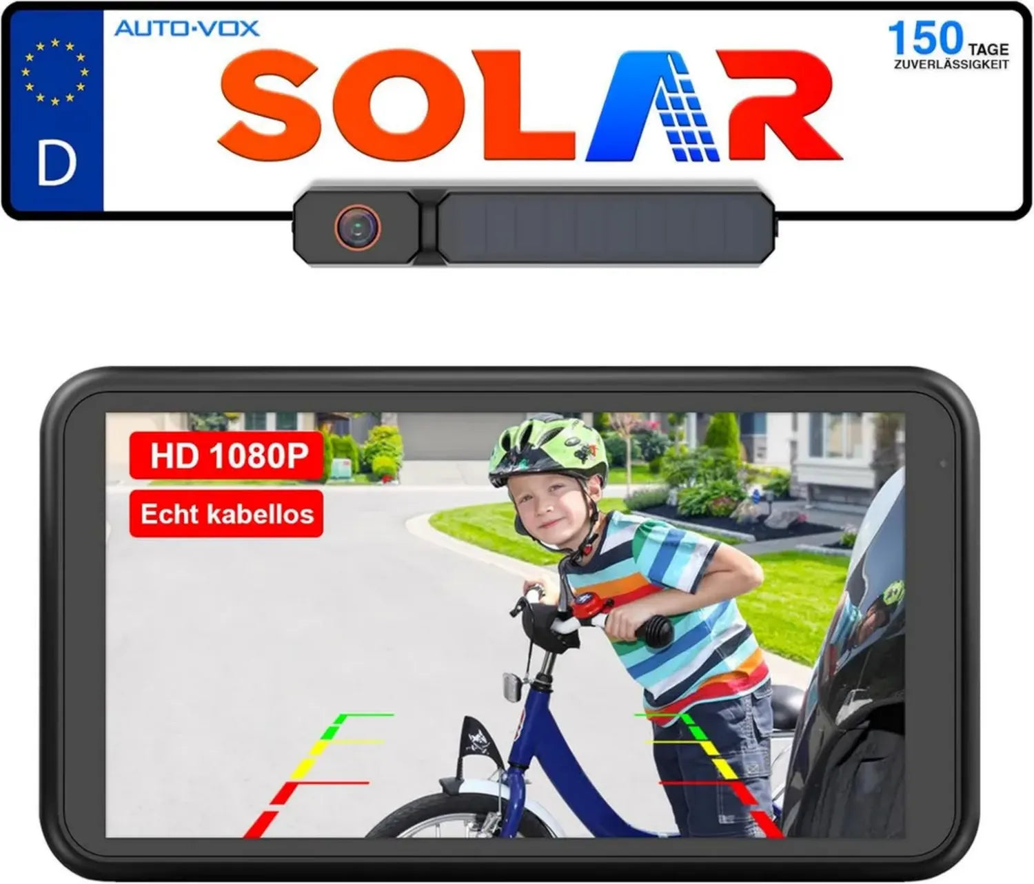 Kabellose AUTO-VOX Solar-Rückfahrkamera mit 5' Full-HD Monitor, 5000mAh Akku, Schnelle DIY Installation in 2 Minuten, Dual-Split-Funk, IP69K Wasserdicht, Ideal für Auto, LKW, Van, SUV, Wohnmobil