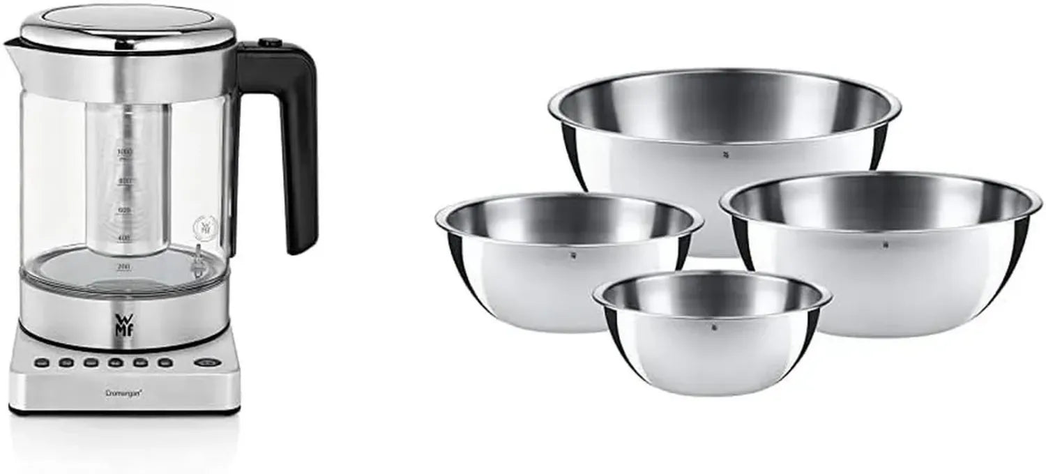 WMF Küchenminis Vario Wasserkocher 2-in-1, Glas-Teekocher mit Temperaturkontrolle, 1,0l, 1900W, inkl. 4-teiligem Gourmet-Edelstahlschüsselset
