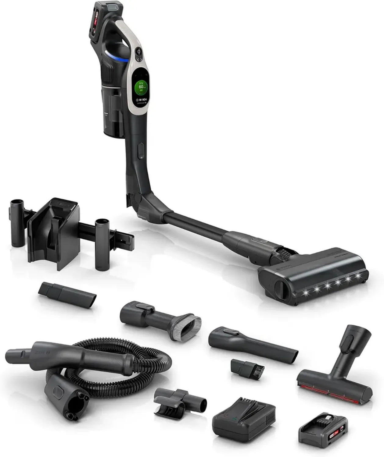 Bosch Kabelloser Staubsauger Unlimited ProPower, MicroClean-Technologie, TFT-Bildschirm, Staubkompression, HEPA-Filter, 10 Jahre Motor-Garantie, 2x 4Ah Akkus, LED-Beleuchtung, Schnellladegerät, Grau