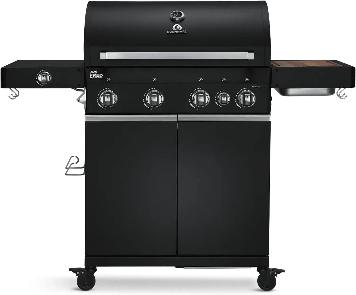 BURNHARD Gasgrill 4-Brenner mit Backburner, 900°C Infrarot-Keramik, Seitenkochfeld & Gusseisenrost, inklusive Abdeckhaube, Schwarz – Big FRED Deluxe