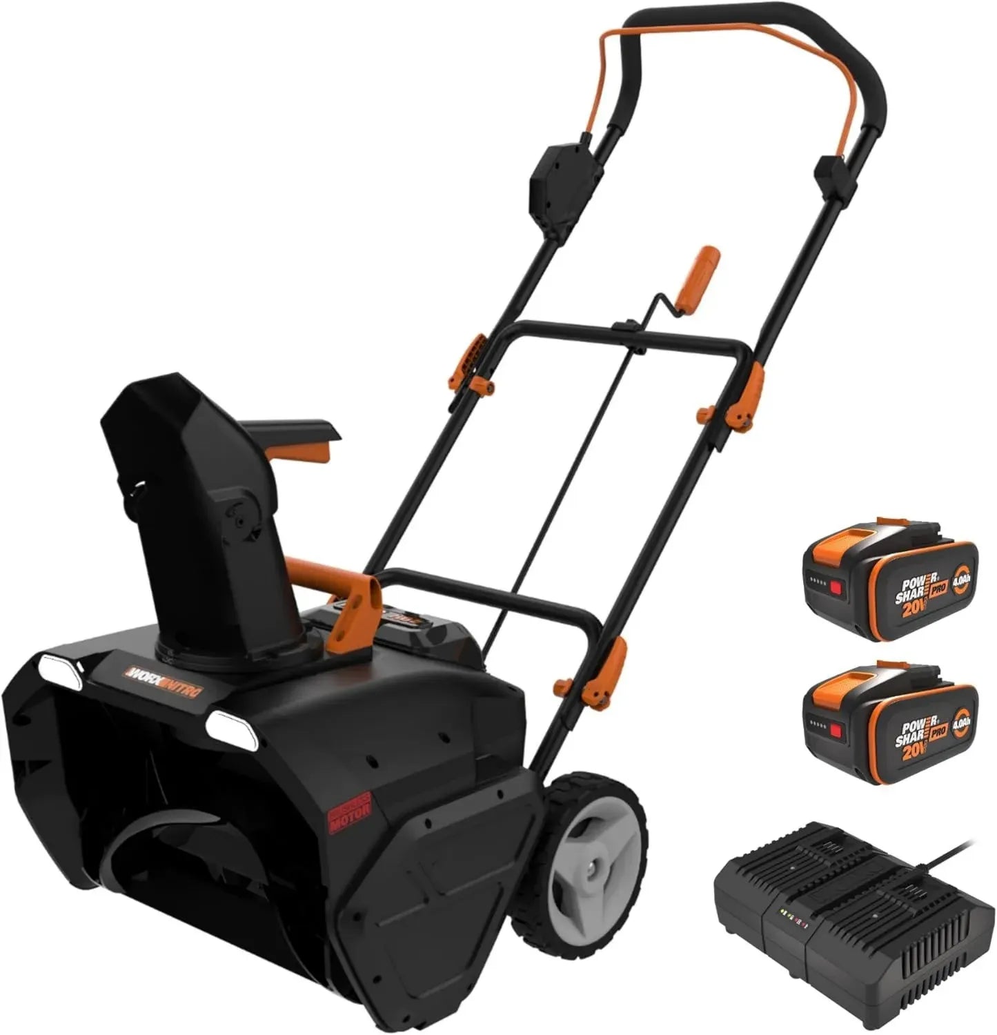 WORX WG471E Nitro Akku-Schneefräse 40V – Leistungsstarker Bürstenloser Motor – 51cm Räumbreite – 25cm Schneehöhe – Drehbarer Auswurfkanal – LED-Licht – Inklusive 2x 4Ah Akkus & Schnellladegerät