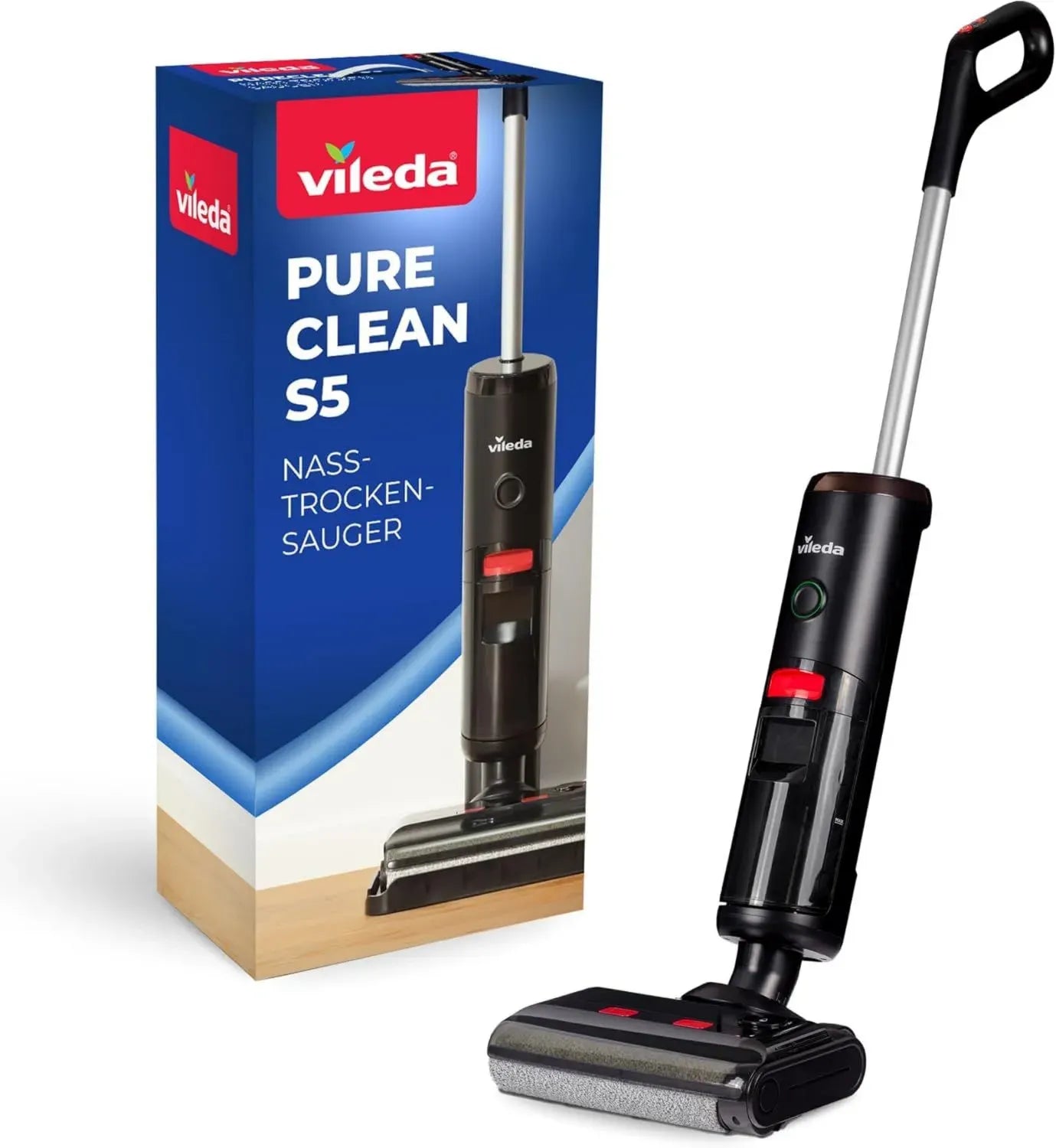 Vileda PureClean S5 Plus - Kabelloser 3-in-1 Bodenreiniger, Kehrt, Saugt & Wischt, 30 Min Laufzeit, Ideal für 180 m2, LED-Anzeige, Schwarz/Silber