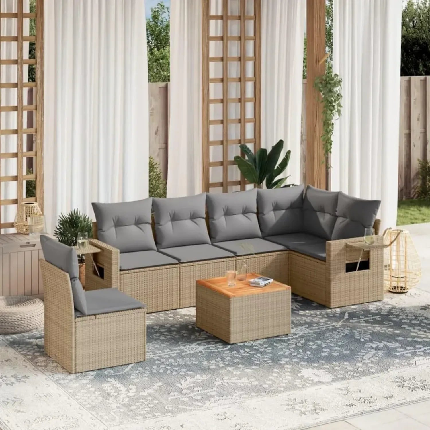 Gartenmöbel-Set aus wetterfestem Polyrattan in Beige mit Akazientisch, 7-teilig