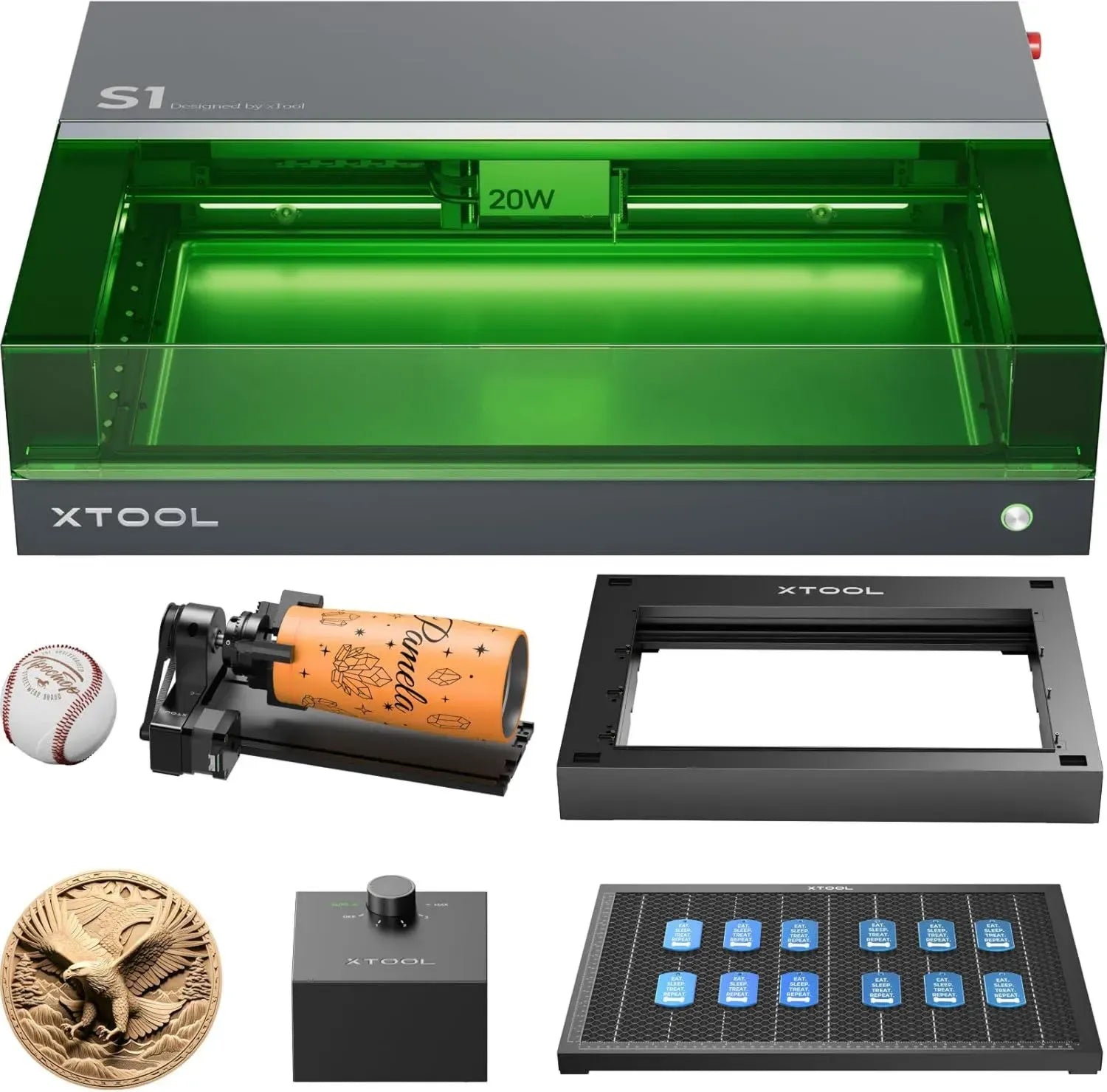 xTool S1 20W Lasergravurmaschine Deluxe-Set mit Sicherheitsgehäuse, Punktgenaue Positionierung, Autofokus, 600mm/s Geschwindigkeit, 498x333mm Arbeitsfläche für Metall und Holz