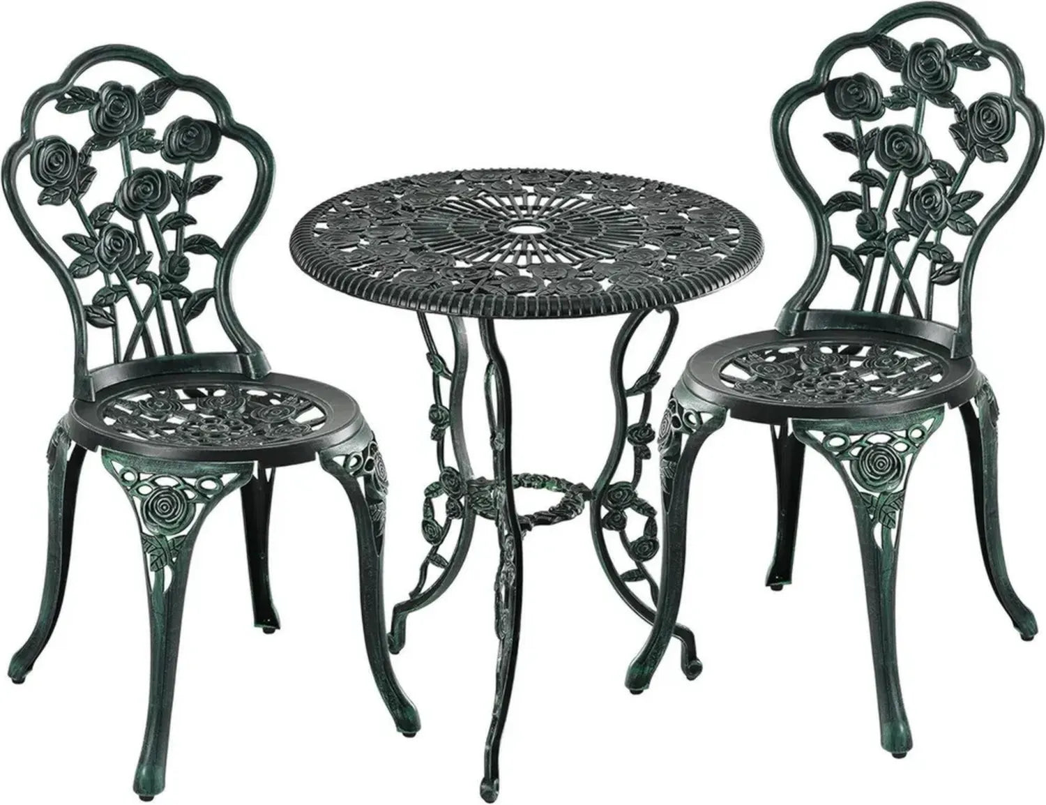 Retro Gartenmöbel Set, 3-teilig, Aluguss Bistrotisch und Stühle, für Balkon oder Terrasse, Schwarz-Grün
