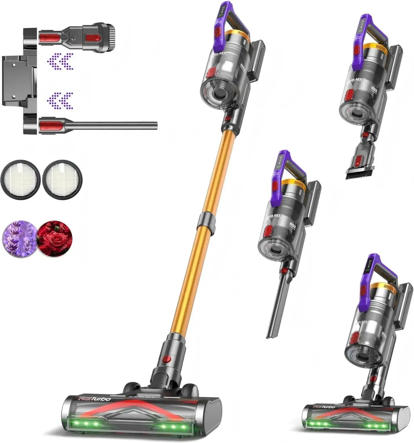 KIPMAX Kabelloser Staubsauger 550W, 50000Pa Saugkraft, 70 Min Laufzeit, 1,5L Behälter, Anti-Tangle-Bürste, 7-Stufen-Filter, Duftplatten, Selbststehende Funktion, Ideal für Teppich, Tierhaare und Hartböden