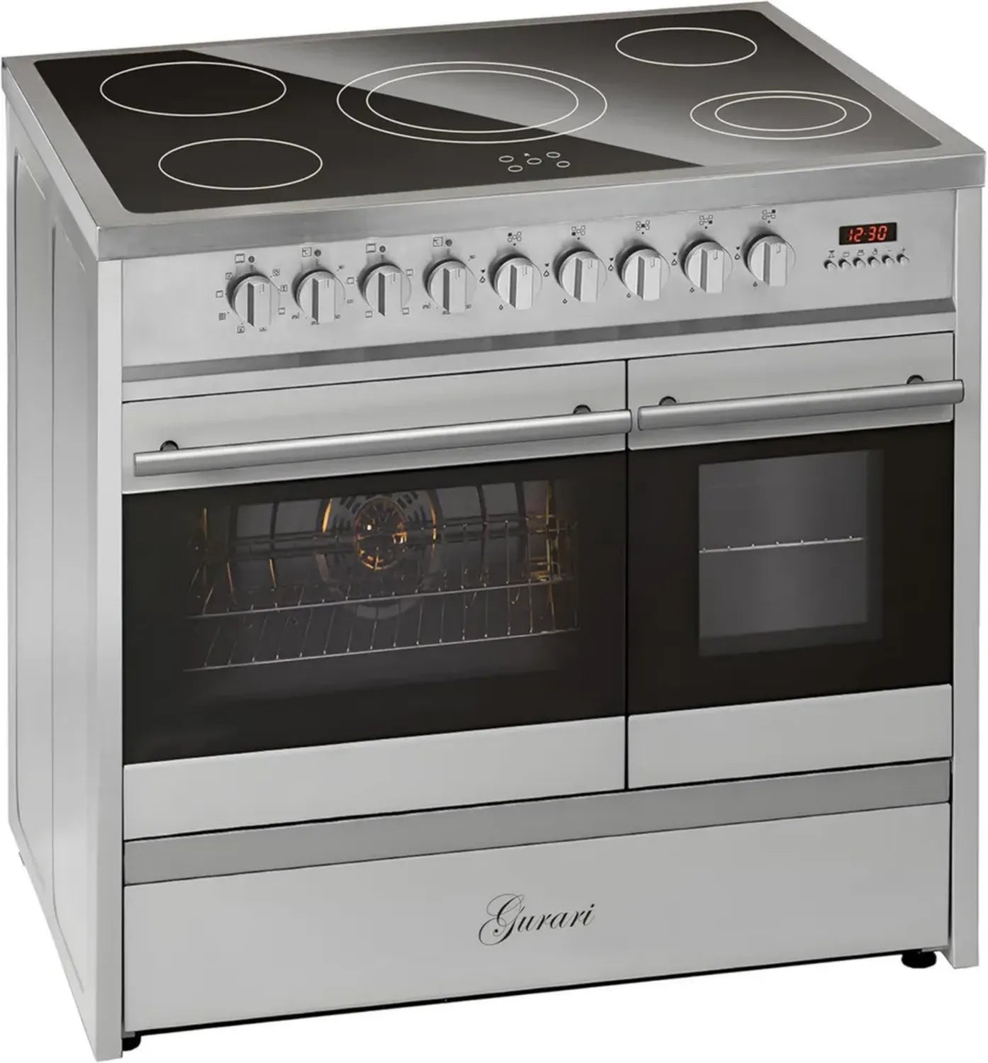 GURARI Elektro-Standherd 90 cm, Glaskeramik, Edelstahl, Doppelbackofen
