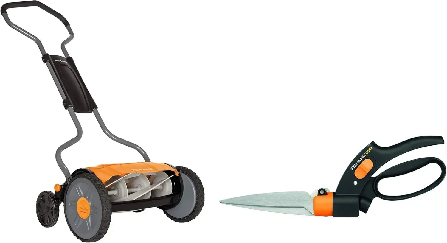 Fiskars Spindelmäher mit präzisem Schneidesystem, 43 cm Schnittbreite, StaySharp Plus Technologie, Schwarz/Orange/Silber, inkl. Rasenkantenschere, 32 cm, für exakte Rasenpflege