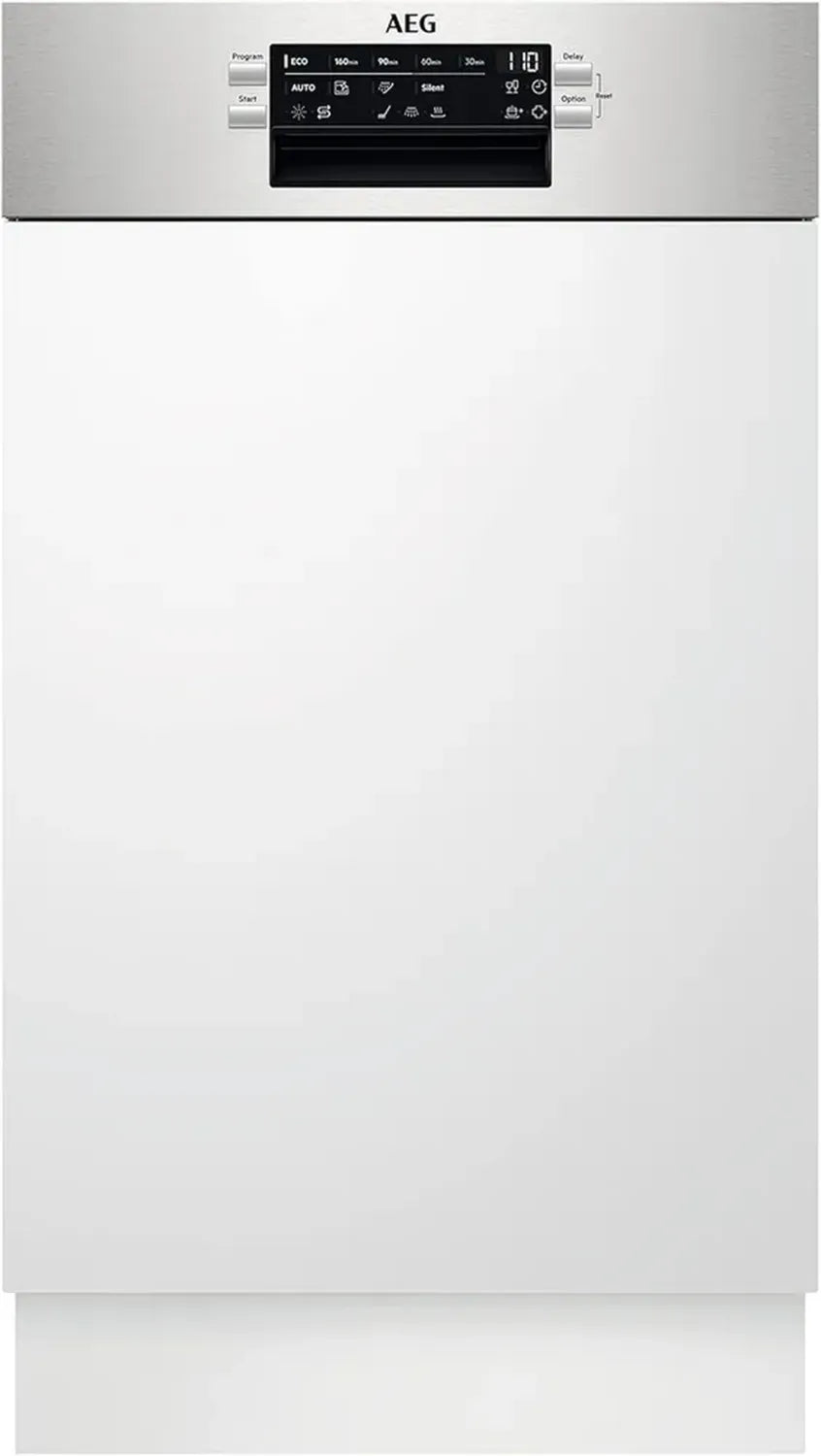 AEG FEE73407ZM Integrierter Geschirrspüler 45cm, AirDry-Technologie, energiesparend, Besteckkorb, Beladungssensor, Startzeitvorwahl, Wasserschutz, leiser Betrieb, Edelstahl