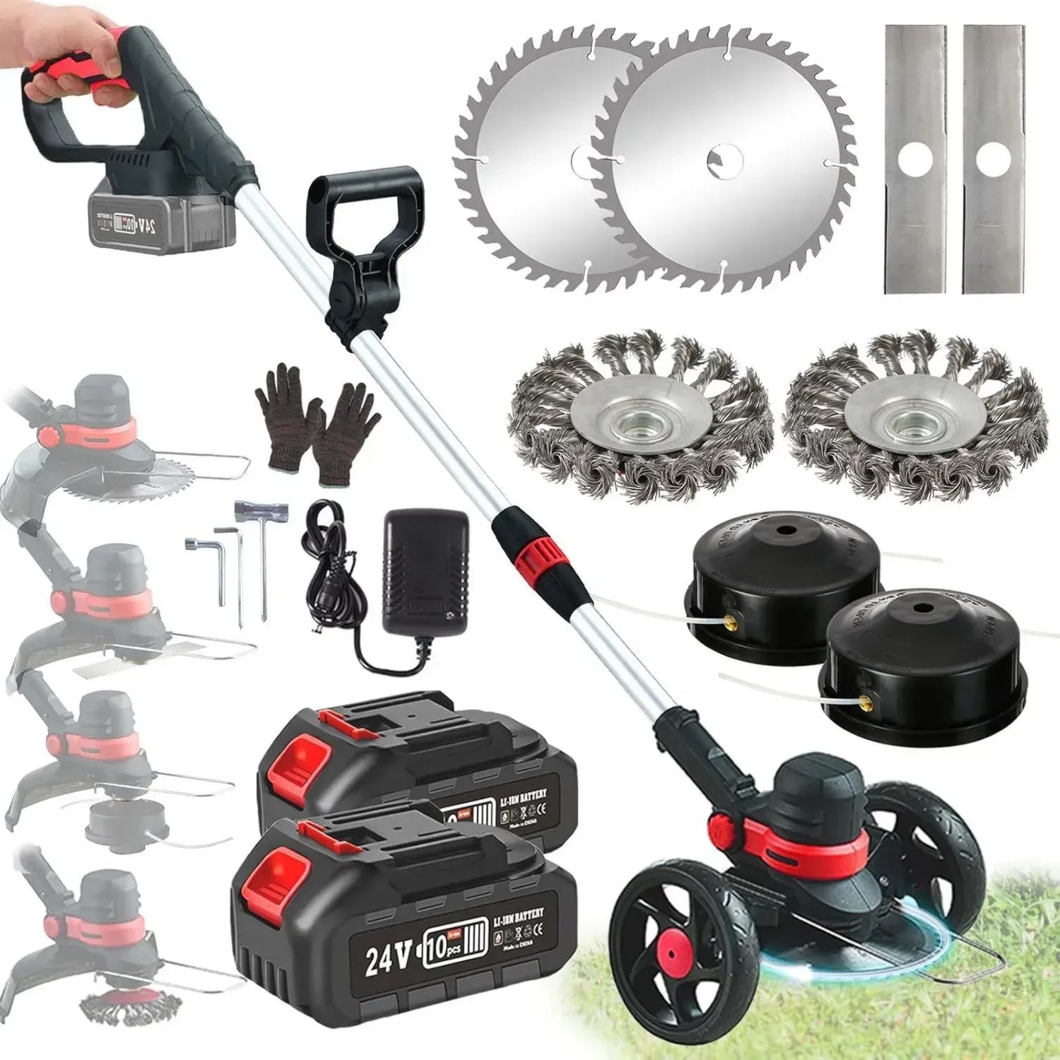 Akku-Rasentrimmer 24V mit Unkrautbürste, Bürstenlos, Kompatibel mit 18V Makita Akku, 4-in-1 Trimmer mit 30 cm Schnittbreite, Teleskopgriff 110-160 cm, Inkl. 2 Akkus