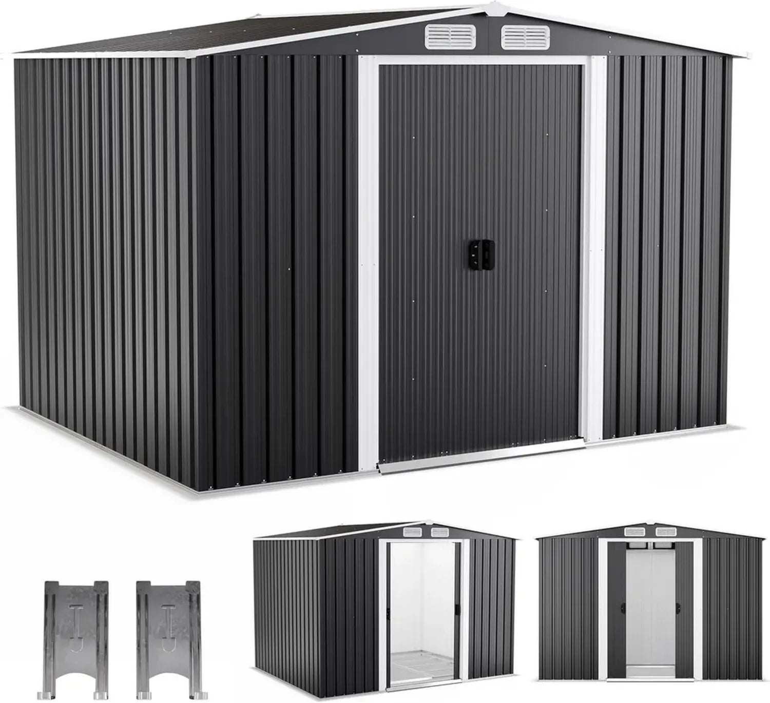 Hochwertiges Metallgerätehaus mit Fundament und Schiebetür in Anthrazit – Geräteschuppen für den Garten in drei Größen (5,3 m²)