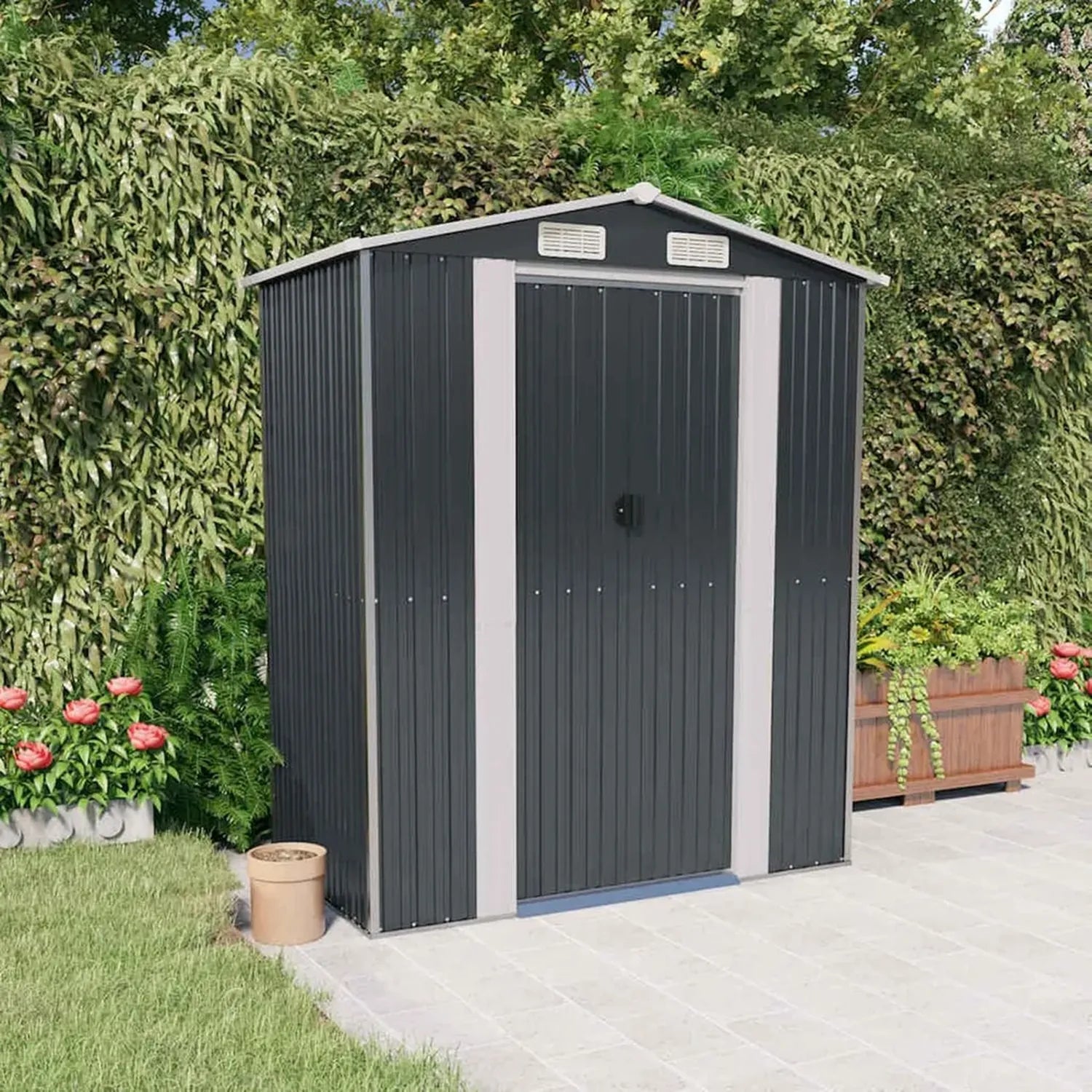 Gecheer Metallgerätehaus Anthrazit, 192x108x223 cm, Gartenschrank aus verzinktem Stahl