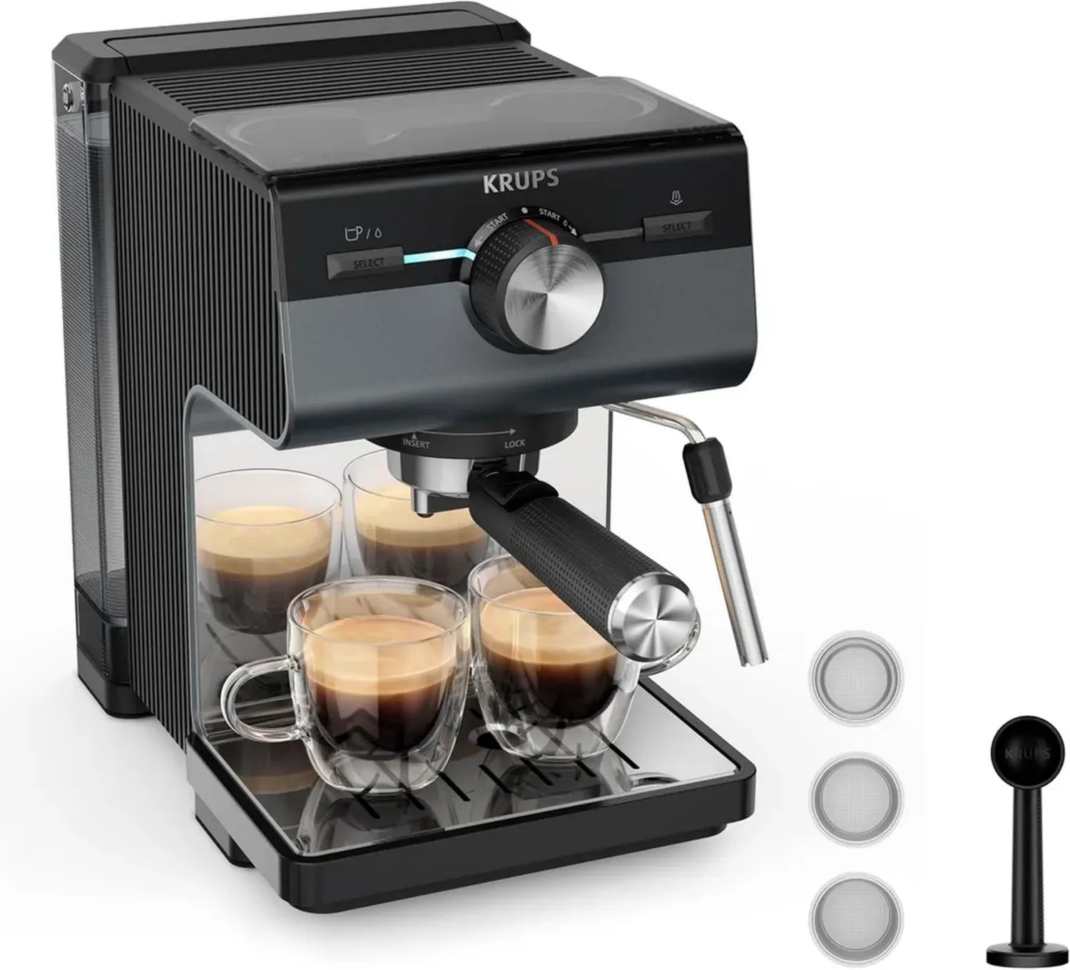 Krups Siebträgermaschine Espresso Pro, 15 Bar Druck, benutzerfreundlich, edles Design, Milchaufschäumer, mit Zubehörset, Dunkelsilber/Edelstahl
