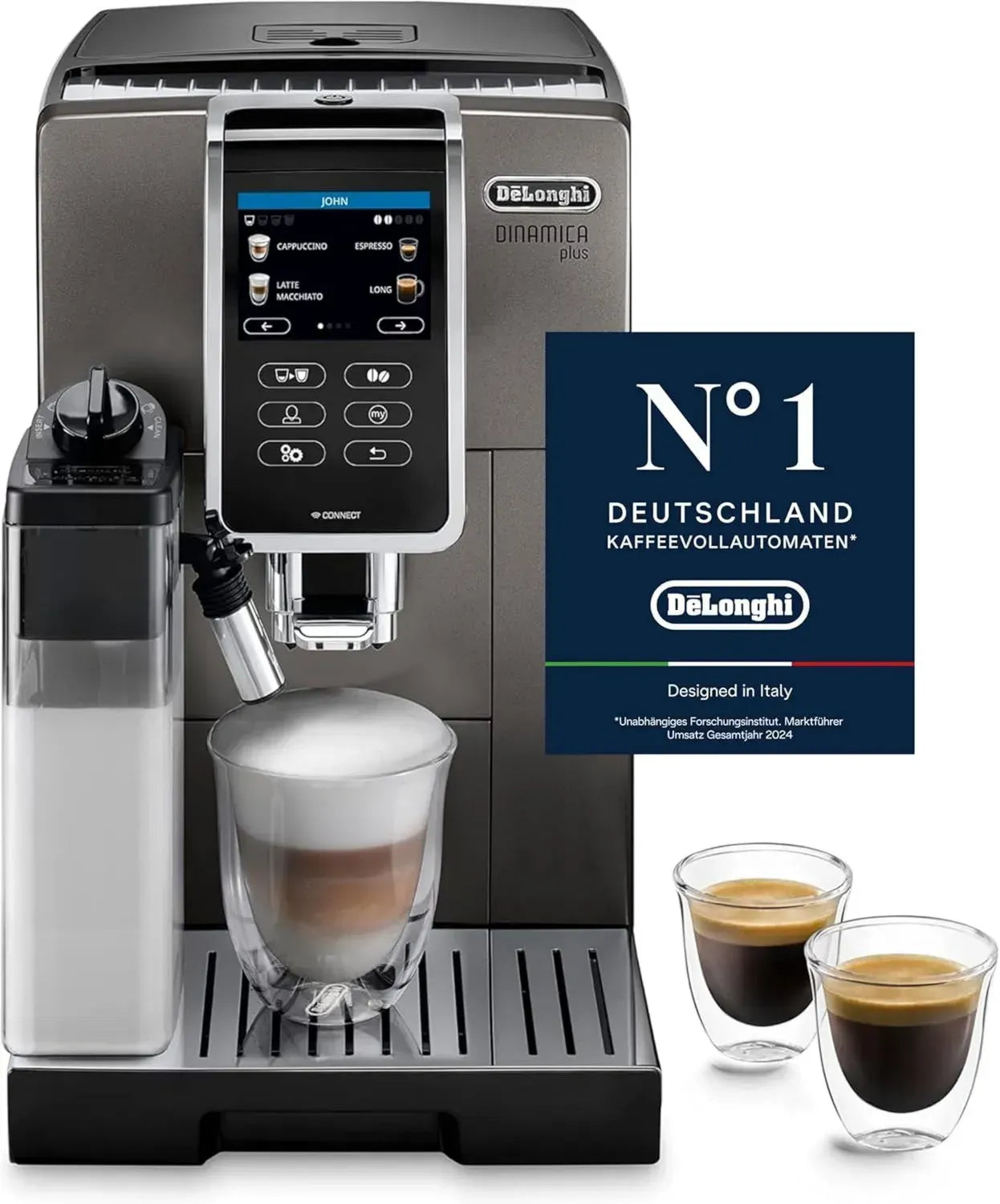 De'Longhi Dinamica Plus ECAM 372.95.TB Kaffeevollautomat mit LatteCrema System, Touchscreen, App-Steuerung, Kaffeekanne, Titan/Schwarz