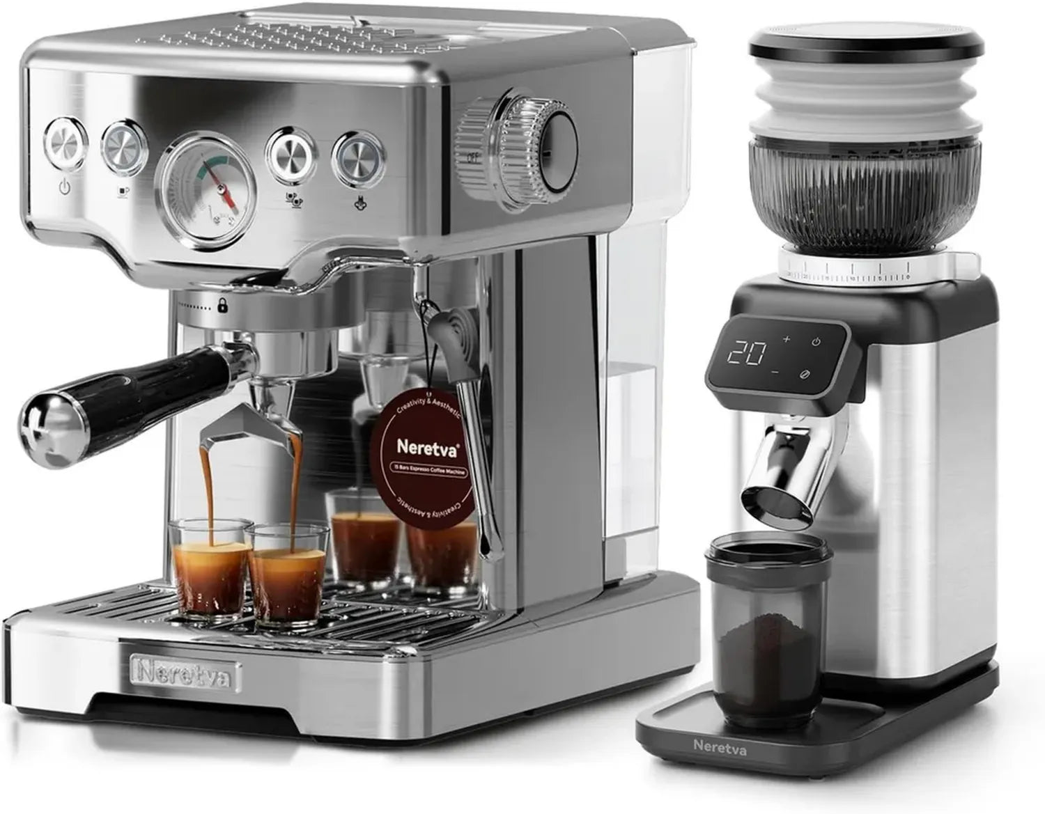 Neretva Espressomaschine 15 Bar mit Edelstahlgehäuse und Präzisions-Kegelmahlwerk