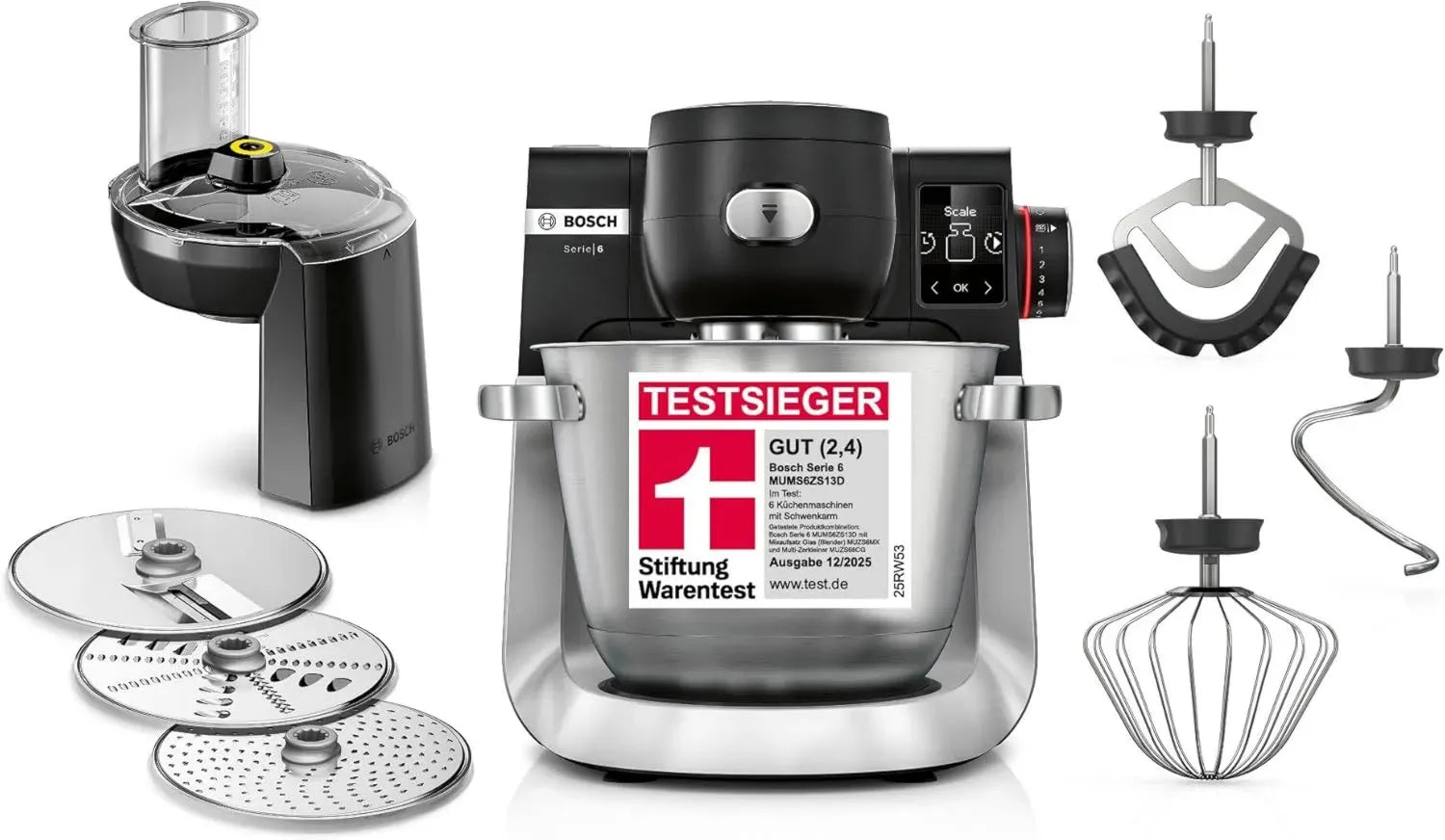 Bosch Küchenmaschine Serie 6 mit 7 Programmen, integrierter Waage, 5,5 Liter Schüssel, 1600 W Leistung, spülmaschinenfest, Zubehör inklusive, Silber/Schwarz