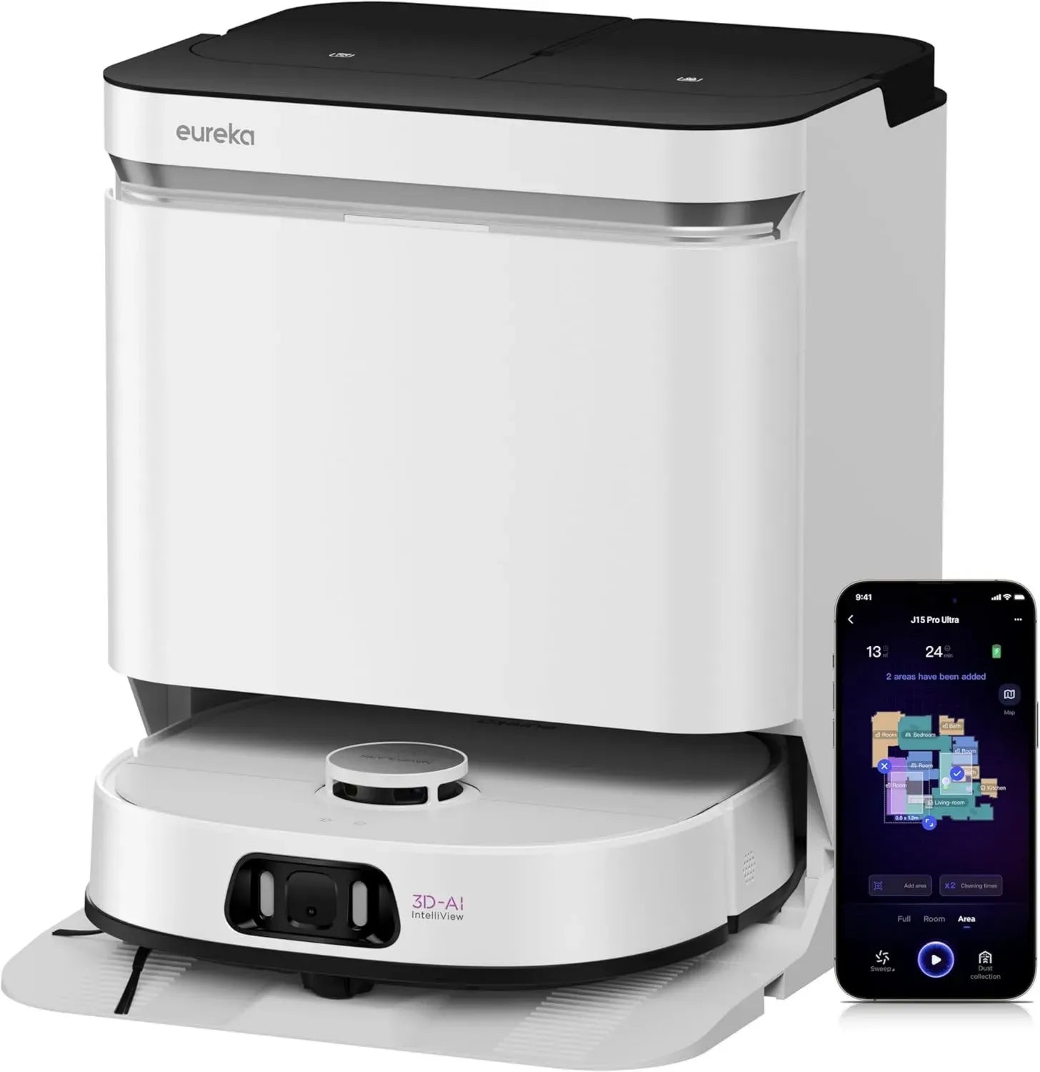 Eureka J15 Pro Ultra Staubsaugerroboter mit Wischfunktion, 16200 Pa Saugleistung, selbstreinigend, Anti-Verwickelung, Flüssigkeitserkennung & Bürstenhebung, 75°C Heißwasserreinigung, All-in-One-Station