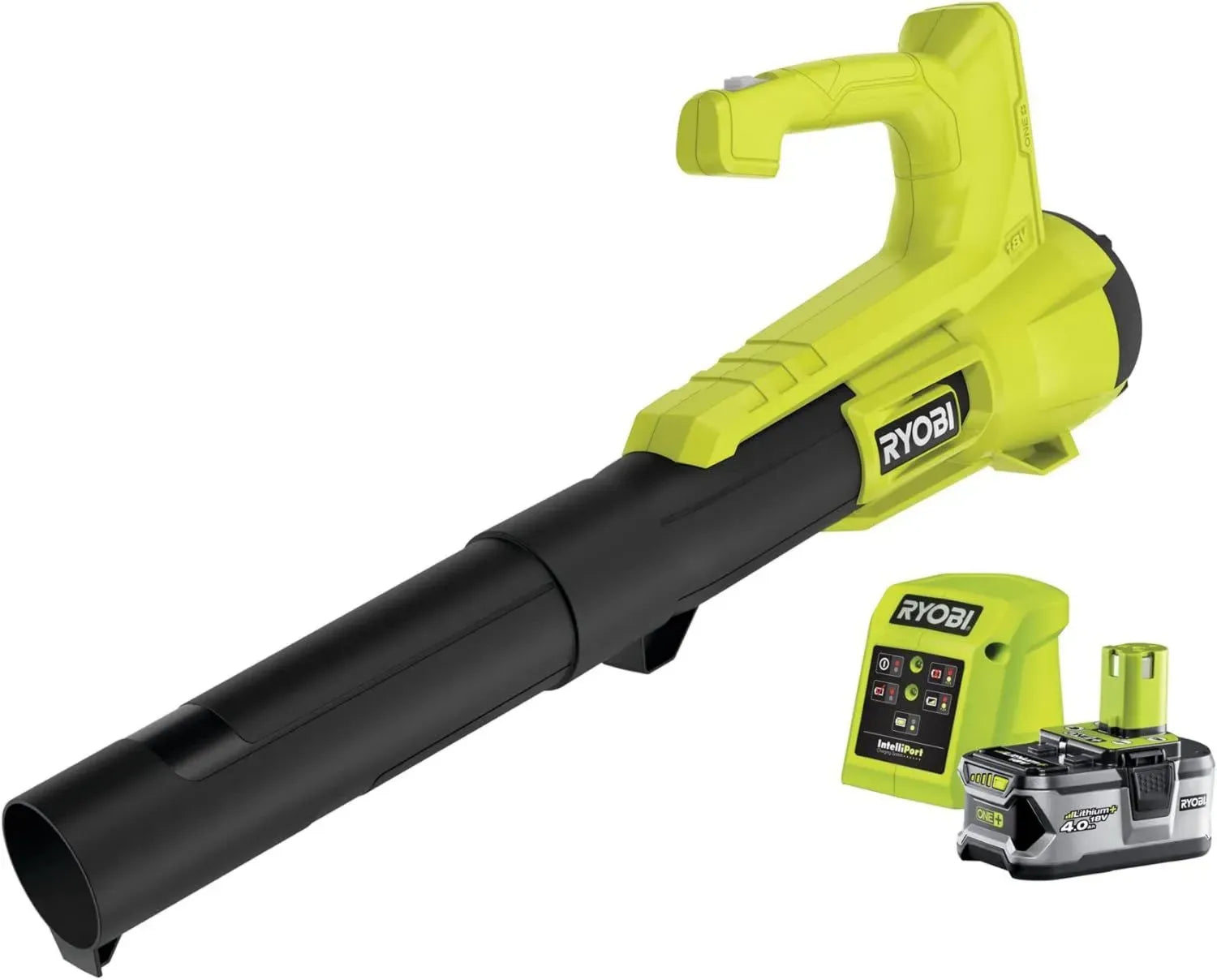 RYOBI 18V ONE+ Akku-Laubbläser mit 145 km/h Luftstrom, 7,1 m³/min Volumen, 4,0 Ah Akku und Ladegerät