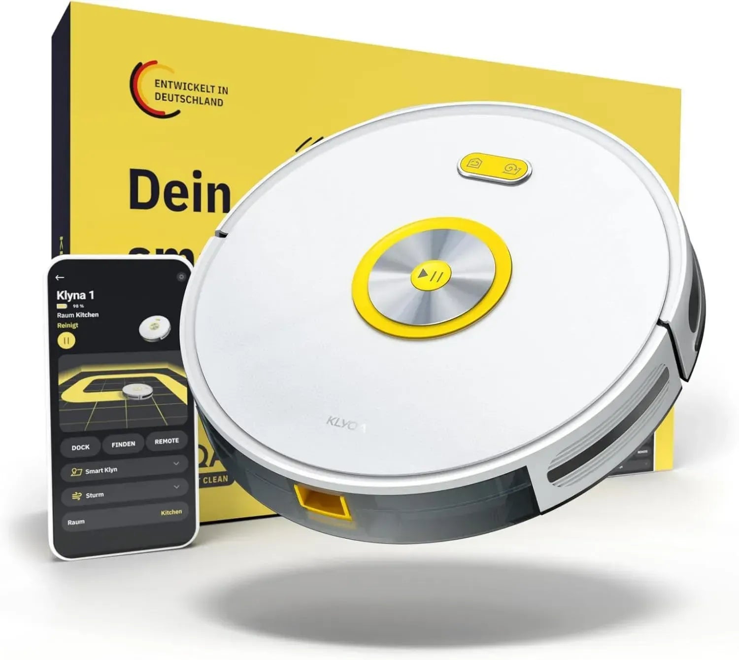 Effizienter Saug- und Wischroboter Klyna mit leiser 60dB Funktion, 2200Pa Saugkraft, App-Steuerung, 7cm niedrig, 150 Min. Laufzeit, Server in Deutschland