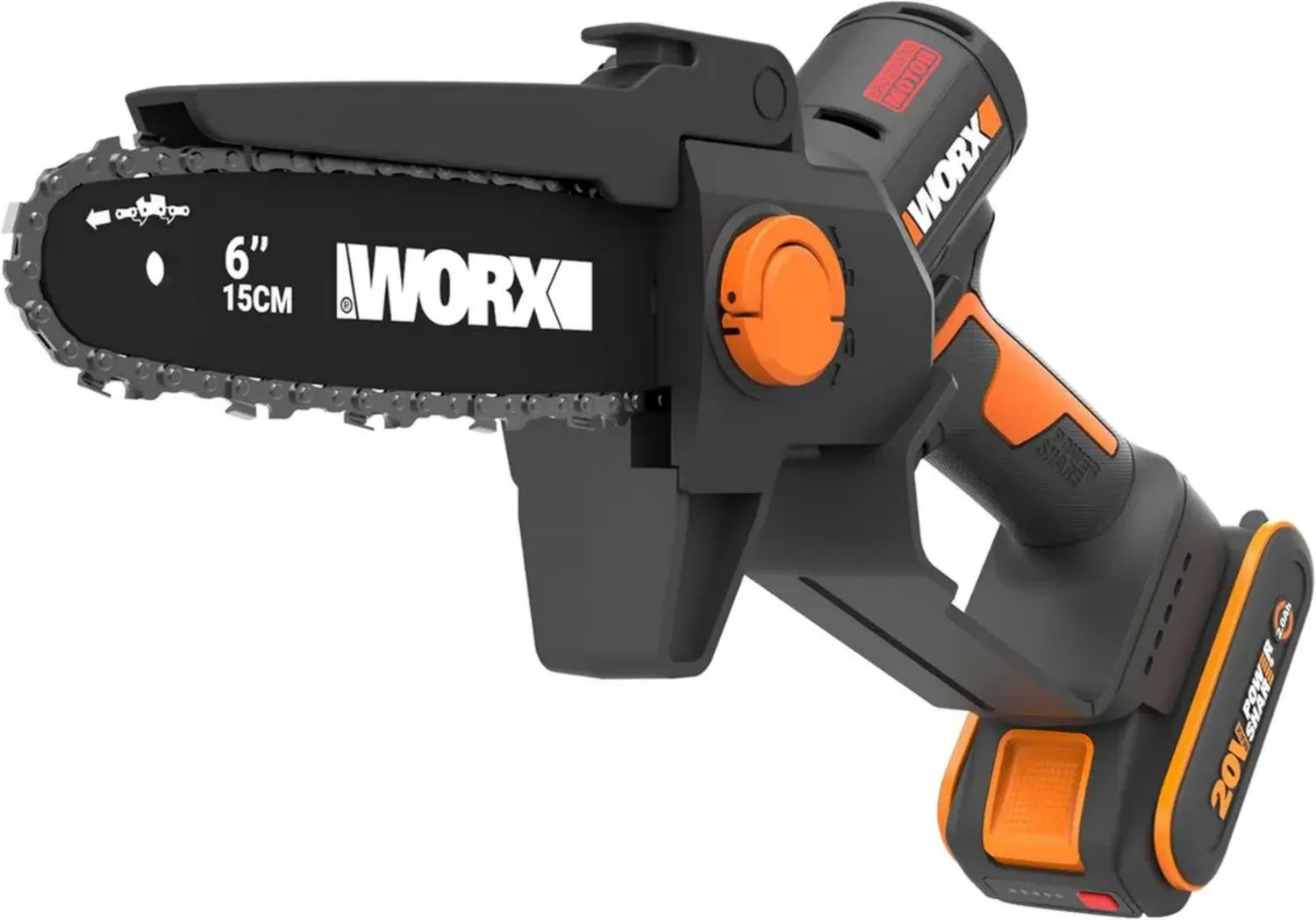 WORX 20V Akku-Minikettensäge, 15cm, bürstenloser Motor, werkzeugloser Kettenwechsel, inkl. 2Ah Akku & Ladegerät