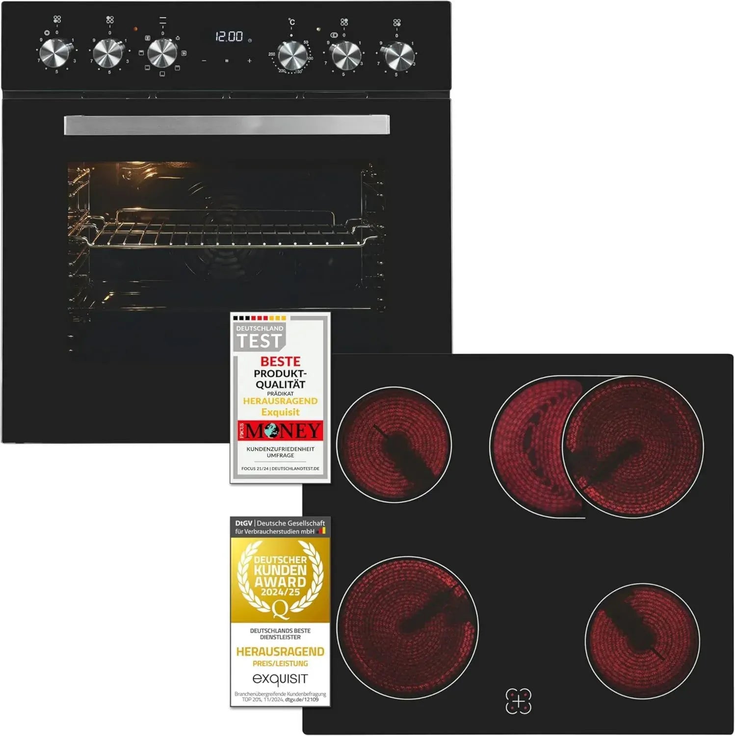 Einbauherdset Exquisit EHE157-UBZ-020 in Schwarz, 59 l Volumen, 7 Programme, Kochfeld mit Grillfunktion, Umluft, Energieeffizienz A