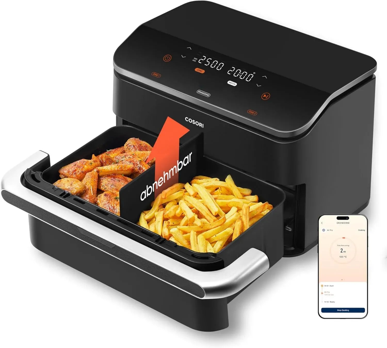 COSORI 10L Heißluftfritteuse mit Dual Kammern, 4 Heizrohren und gleichmäßiger Hitzeverteilung, bis 240°C, Schwarz