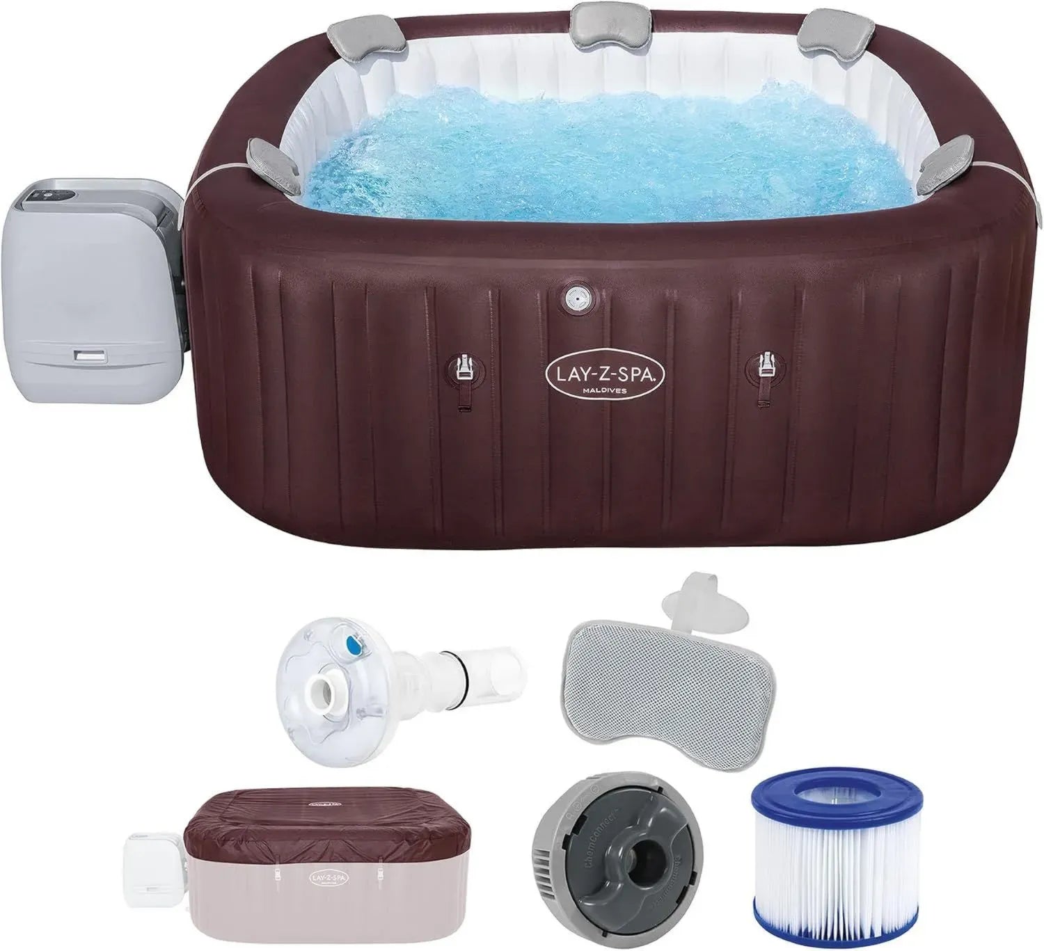 Bestway LAY-Z-SPA Maldives HydroJet Pro für 7 Personen, 201x201x80 cm, Energiesparend mit 8 HydroJet und 180 AirJet Düsen, App-gesteuert, Thermoabdeckung, Mahagoni-Design, LED-Beleuchtung