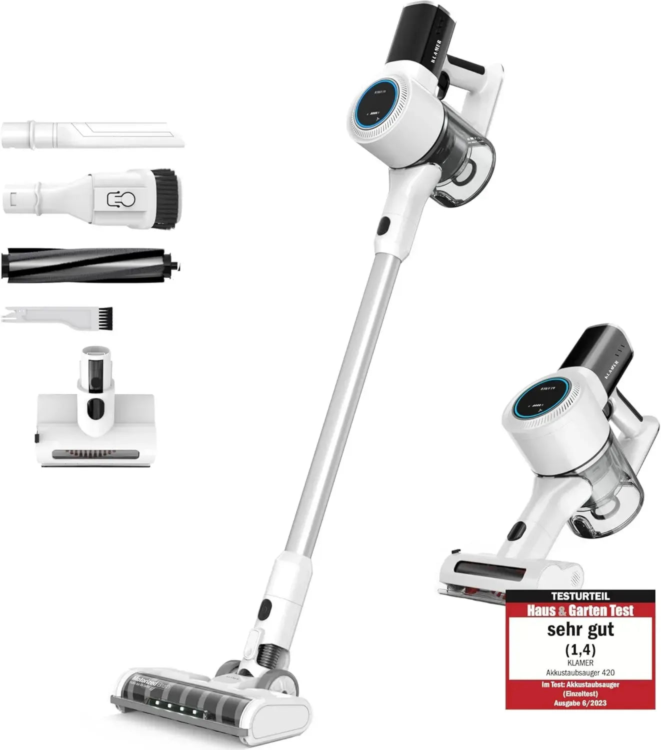 KLAMER Kabelloser Akku-Staubsauger 2-in-1, Handstaubsauger mit HEPA-Filter, 45 Min Laufzeit, ideal für Teppich, Auto und Hartböden