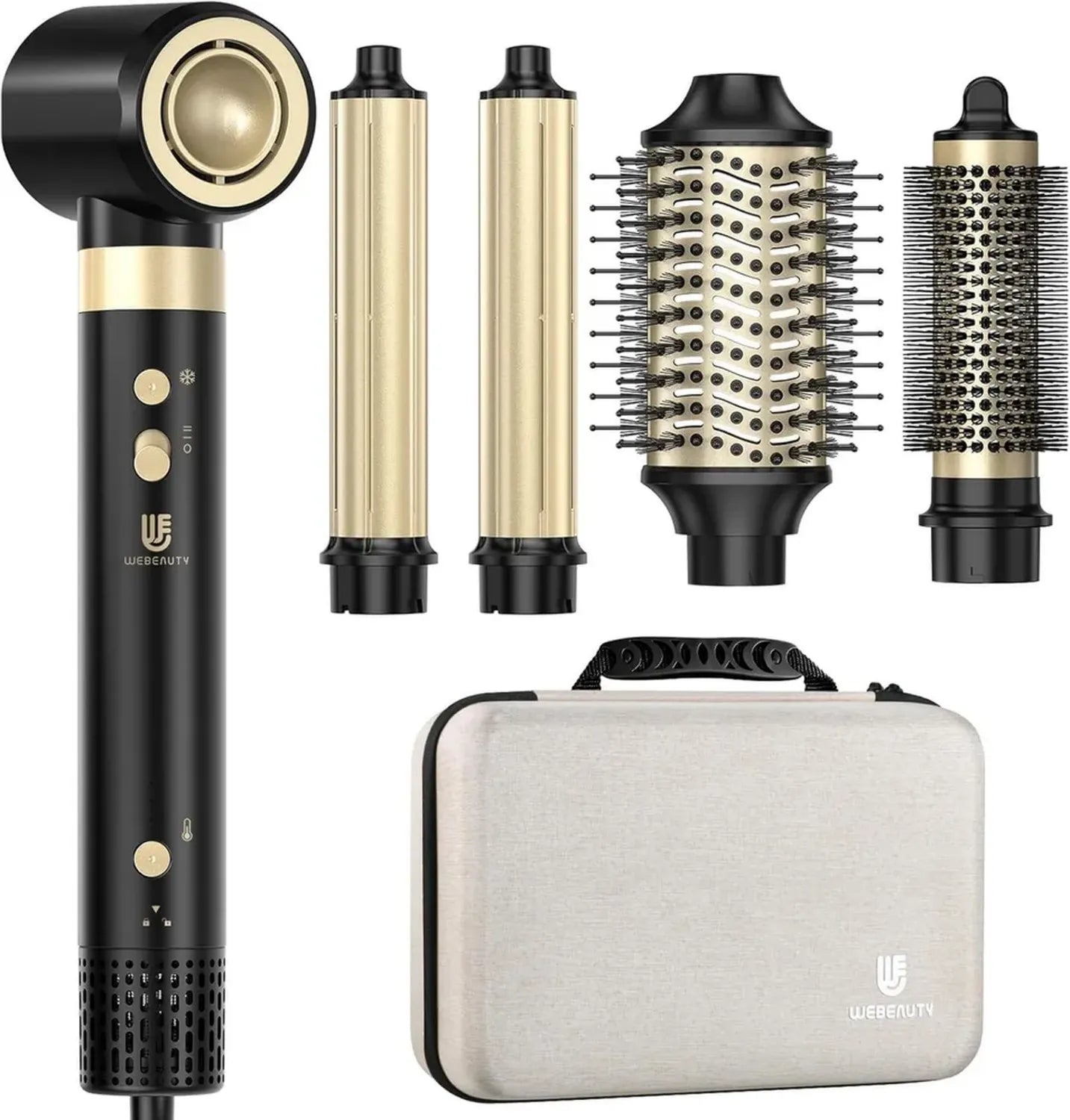 WeBeauty 6-in-1 Heißluftbürsten-Set, 110.000 U/min, 30 m/s, 500 Millionen negative Ionen, Haartrockner mit Föhnbürste und Lockenaufsätzen, Schwarz