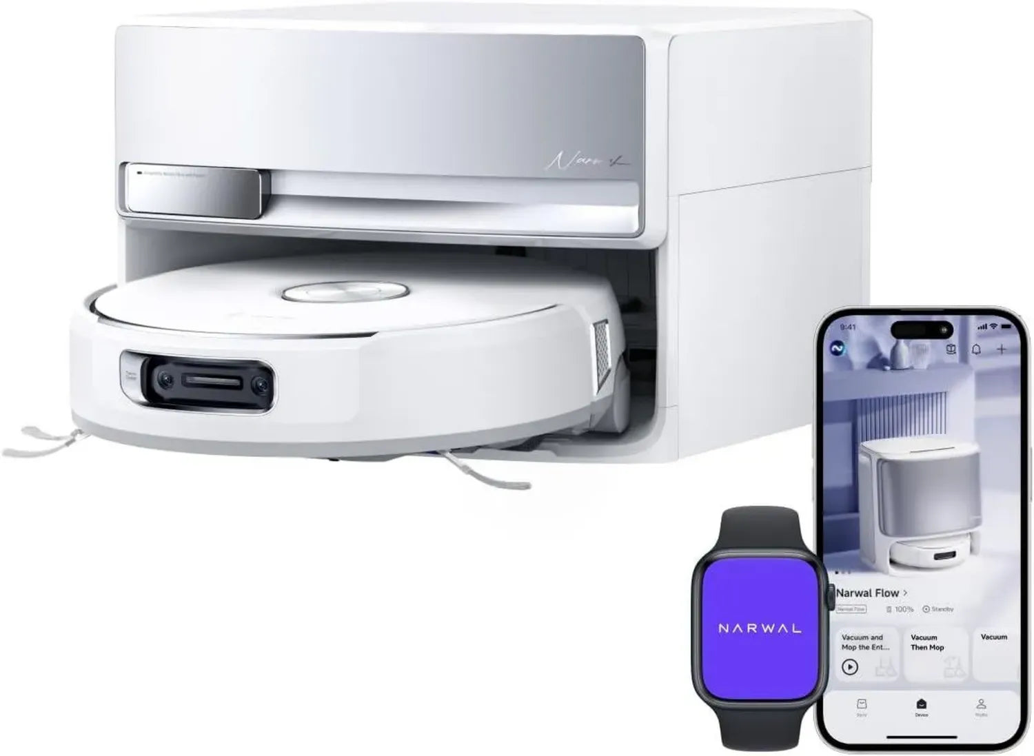 NARWAL Flow Staubsaugerroboter mit Smart-Station, Automatischer Wasserversorgung, 22000 Pa Saugkraft, FlowWash-Moppsystem, Teppichpflege-Modus, 45-80°C Reinigung und Heißlufttrocknung, App-Steuerung