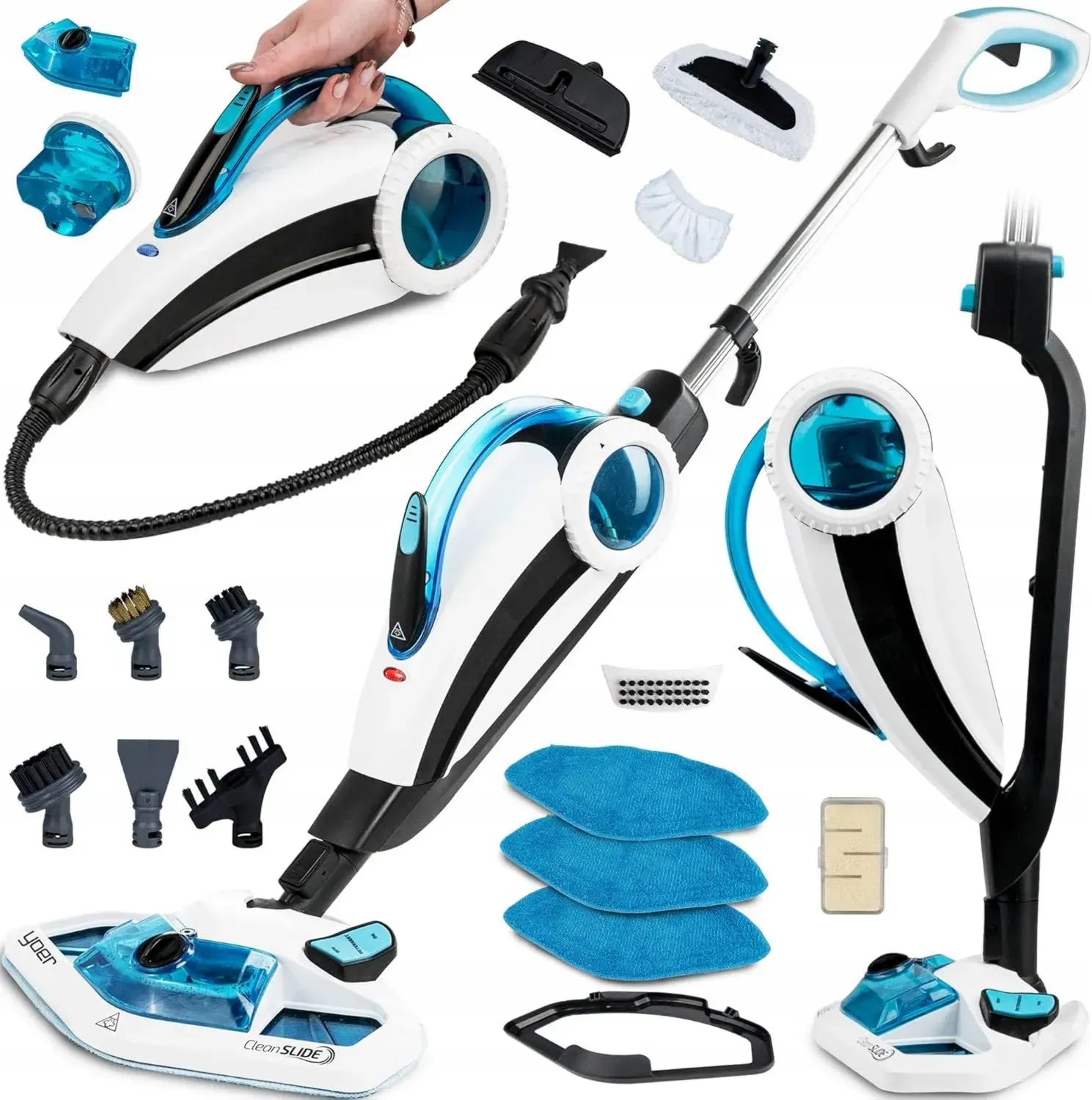 Yoer CleanSlide SMC01W Dampfreiniger, 6 m Kabel, 400 ml Tank, Zubehör, Schnellaufheizung, Drehkopf, für Teppiche und Polster, Weiß