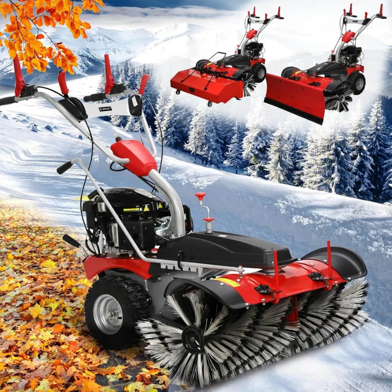 BRAST Benzin Kehrmaschine 3-in-1 mit Elektrostart und Schneeketten, 80-100cm Arbeitsbreite