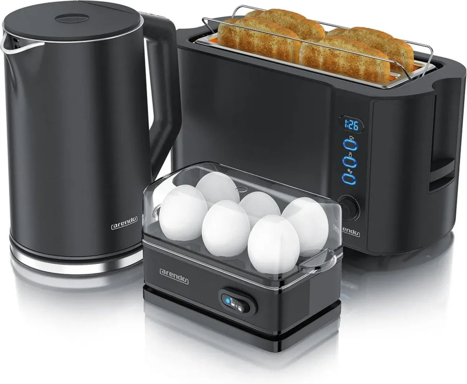 Arendo Edelstahl Küchen-Set: Wasserkocher, Toaster und Eierkocher - Innovatives Design, einstellbare Temperatur und BPA-frei