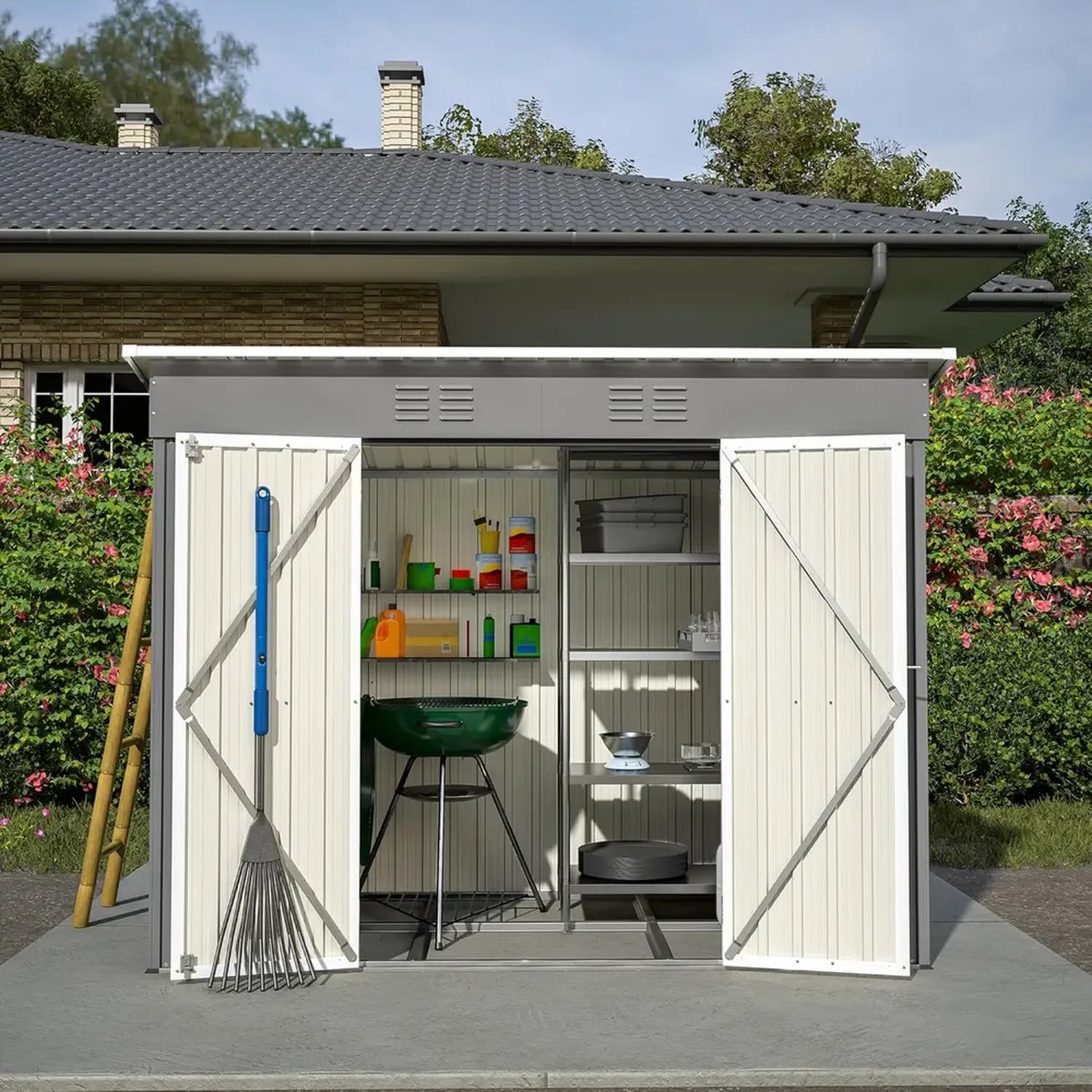Großer Metall-Geräteschuppen mit Belüftung und Fundament, 229x111x182 cm, Grau, Wetterfest für Gartenwerkzeuge