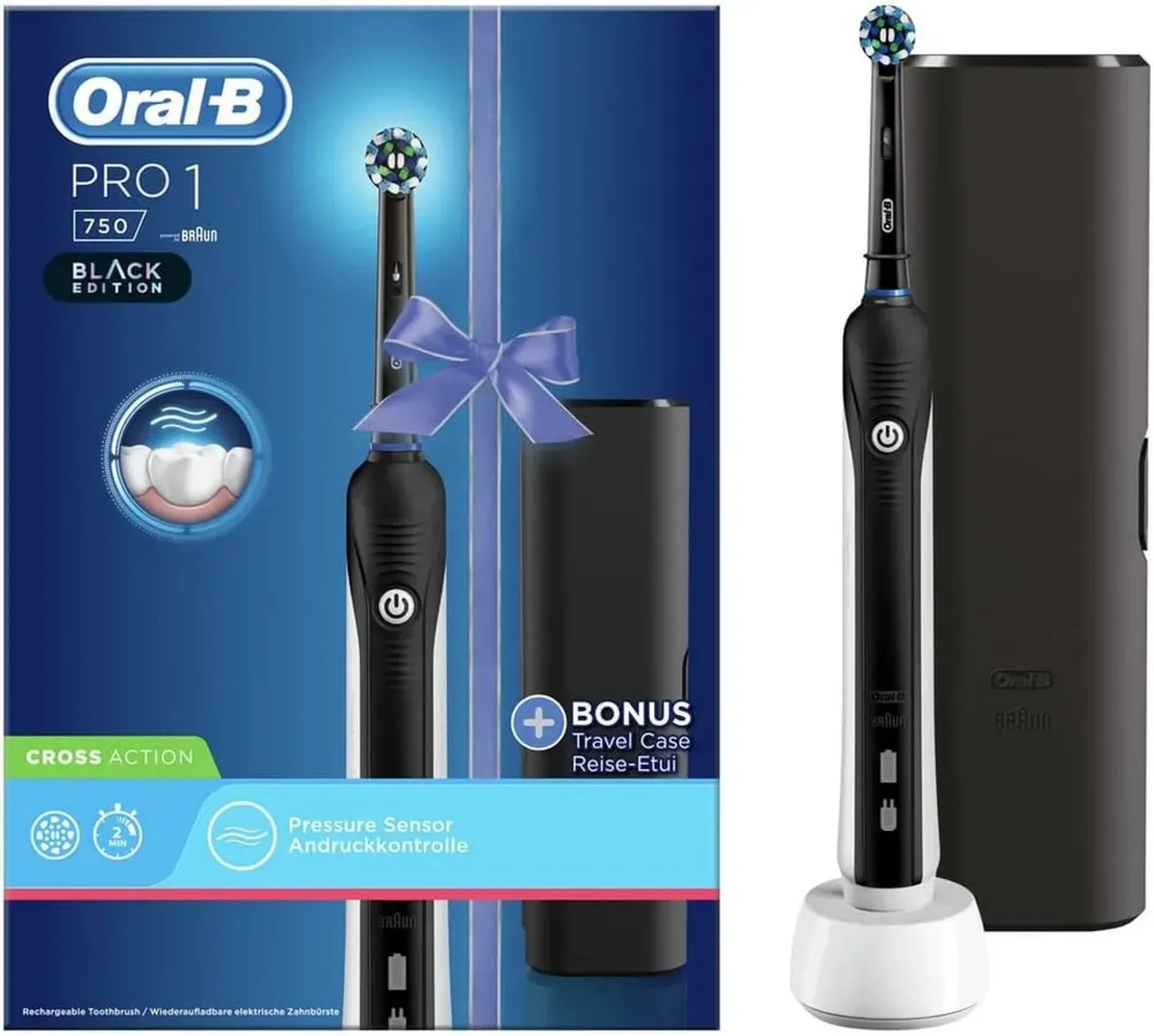 Oral-B PRO 1 750 Elektrische Zahnbürste Schwarz mit Drucksensor und Reiseetui