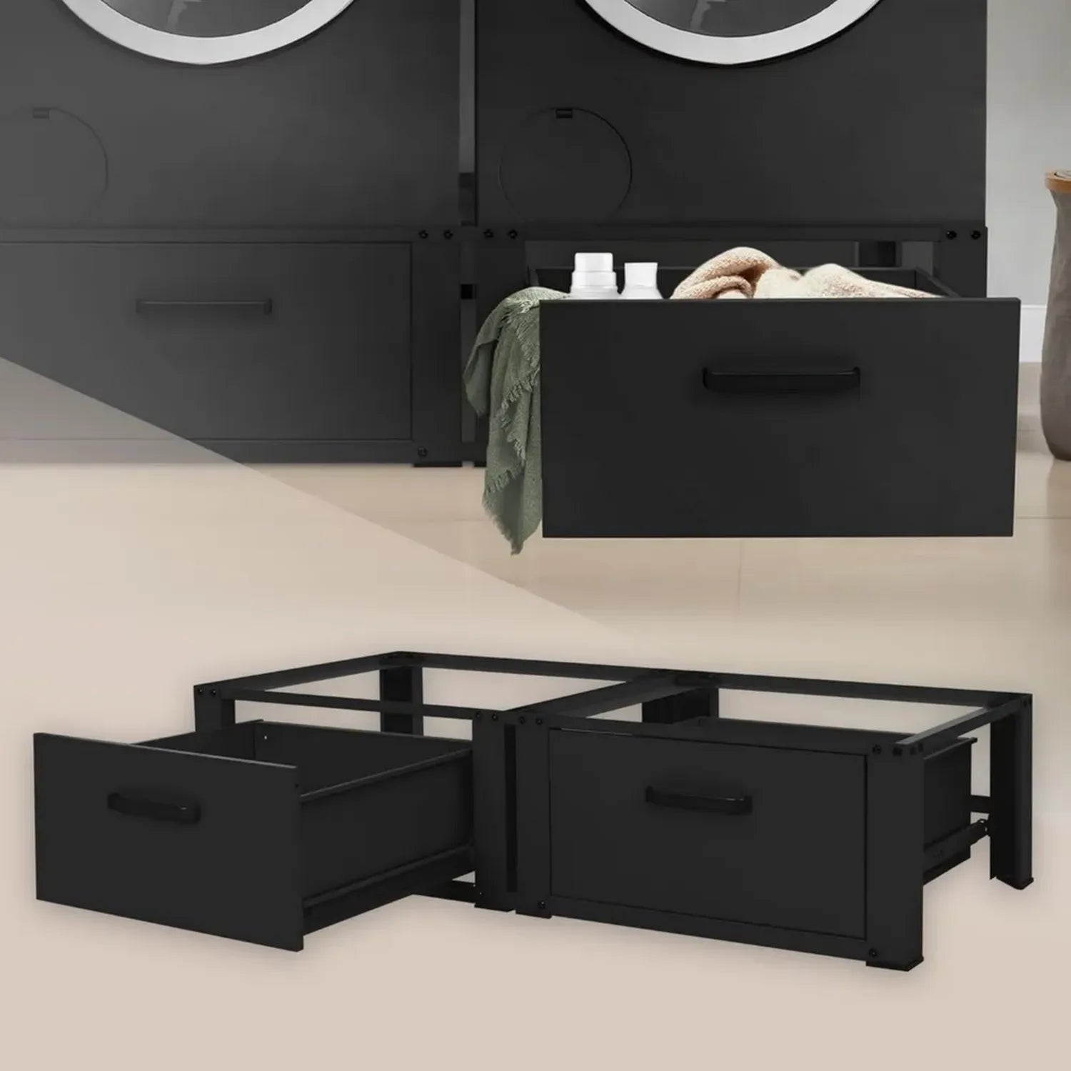 Robustes Doppeluntergestell für Waschmaschine und Trockner mit Schubladen, Schwarz, max. Belastung 2x150 kg