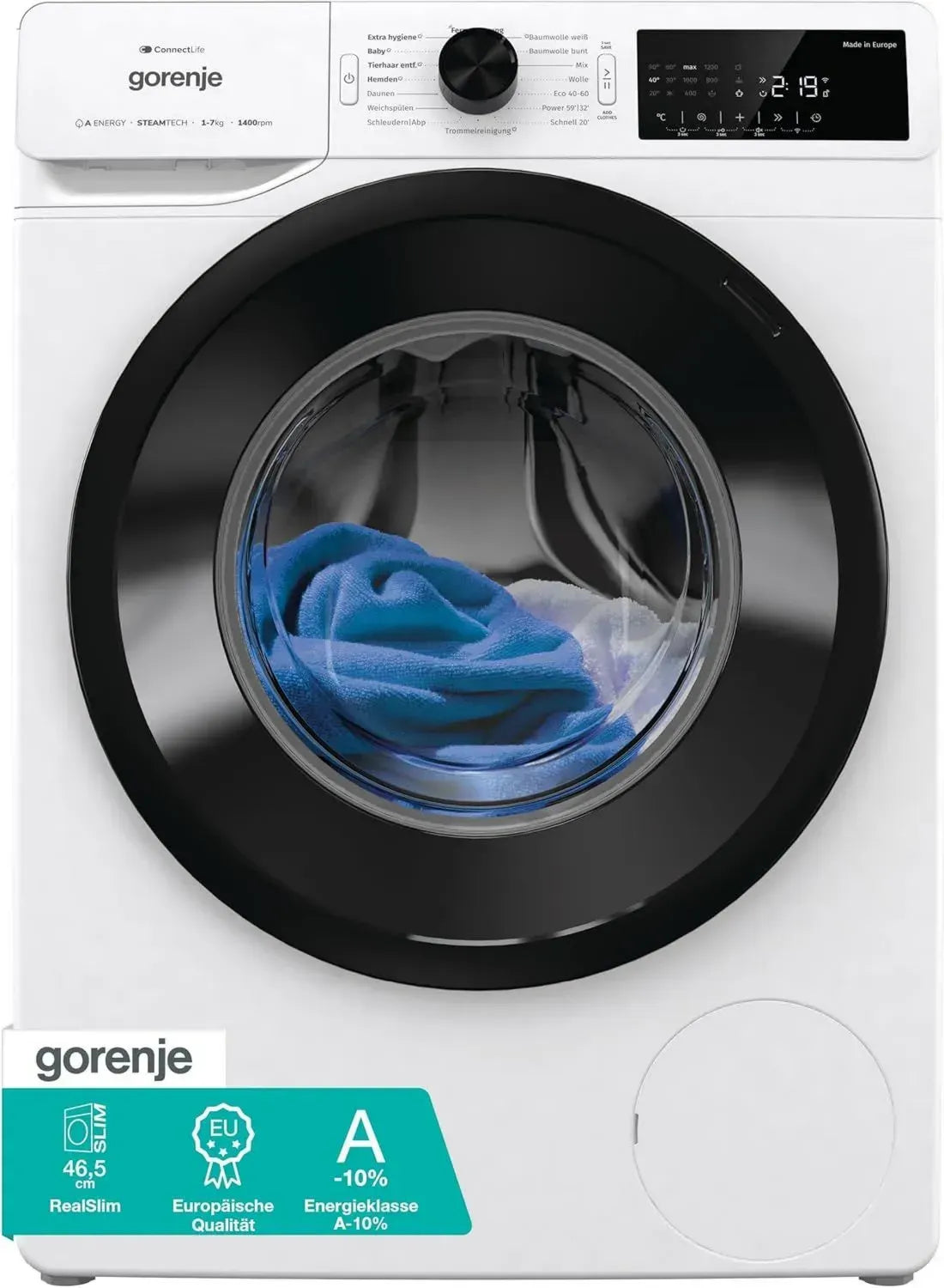 Gorenje WPAM74SA1T Waschmaschine 7Kg, Dampffunktion, 1400 U/min, Slim, 15 Programme, AquaStop, WaveActive Trommel, ExtraHygiene, PowerWash, Schnellwaschgang, EEK A-10%