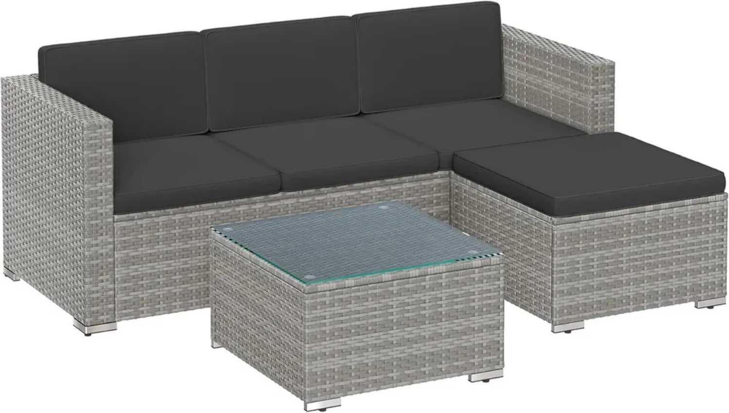 SONGMICS Gartenlounge-Set aus Polyrattan, Ecksofa mit Kissen und Glastisch, graue Balkon- und Terrassenmöbel