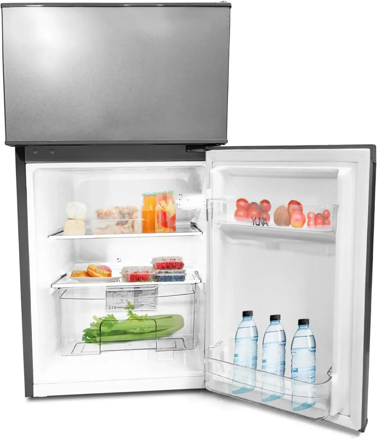 YUNA Kühl-Gefrierkombination mit 84L Volumen, 85cm hoch, Inox-Design, 4-Sterne-Gefrierfach, LED, ideal für Single oder Büro, Effizienzklasse E