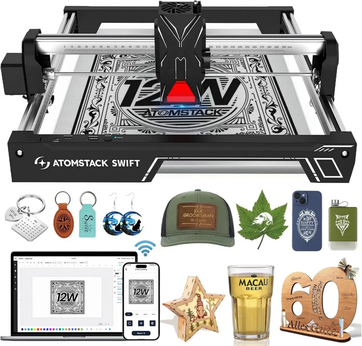 ATOMSTACK Swift 12W Laserschneider für Einsteiger, 300x300mm Gravurbereich, inklusive Software und App