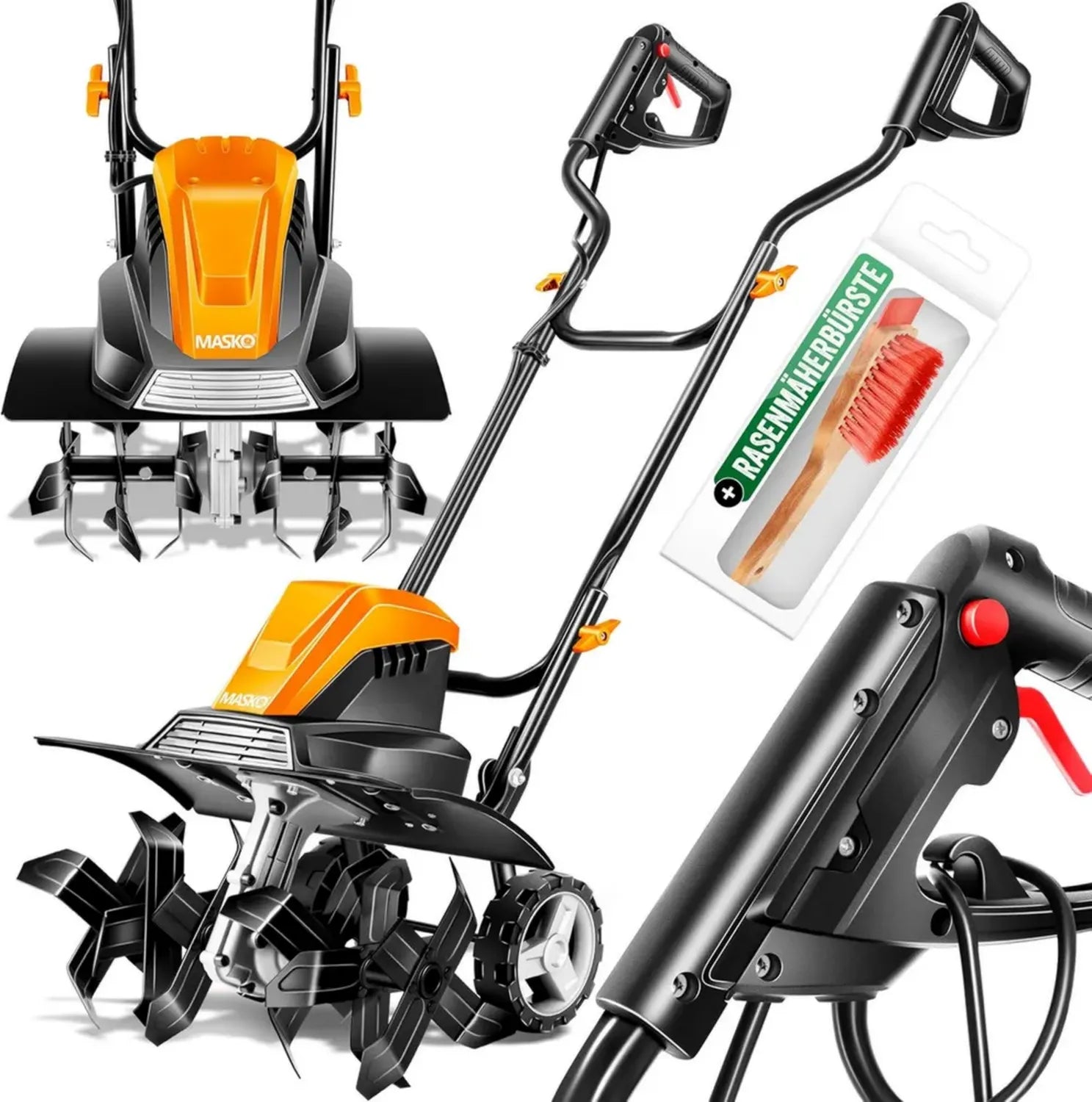 Elektrische Gartenfräse 1500W | 40cm Breit, 20cm Tief | Faltbarer Griff, Metallgehäuse | Inklusive Transporträder | Orange